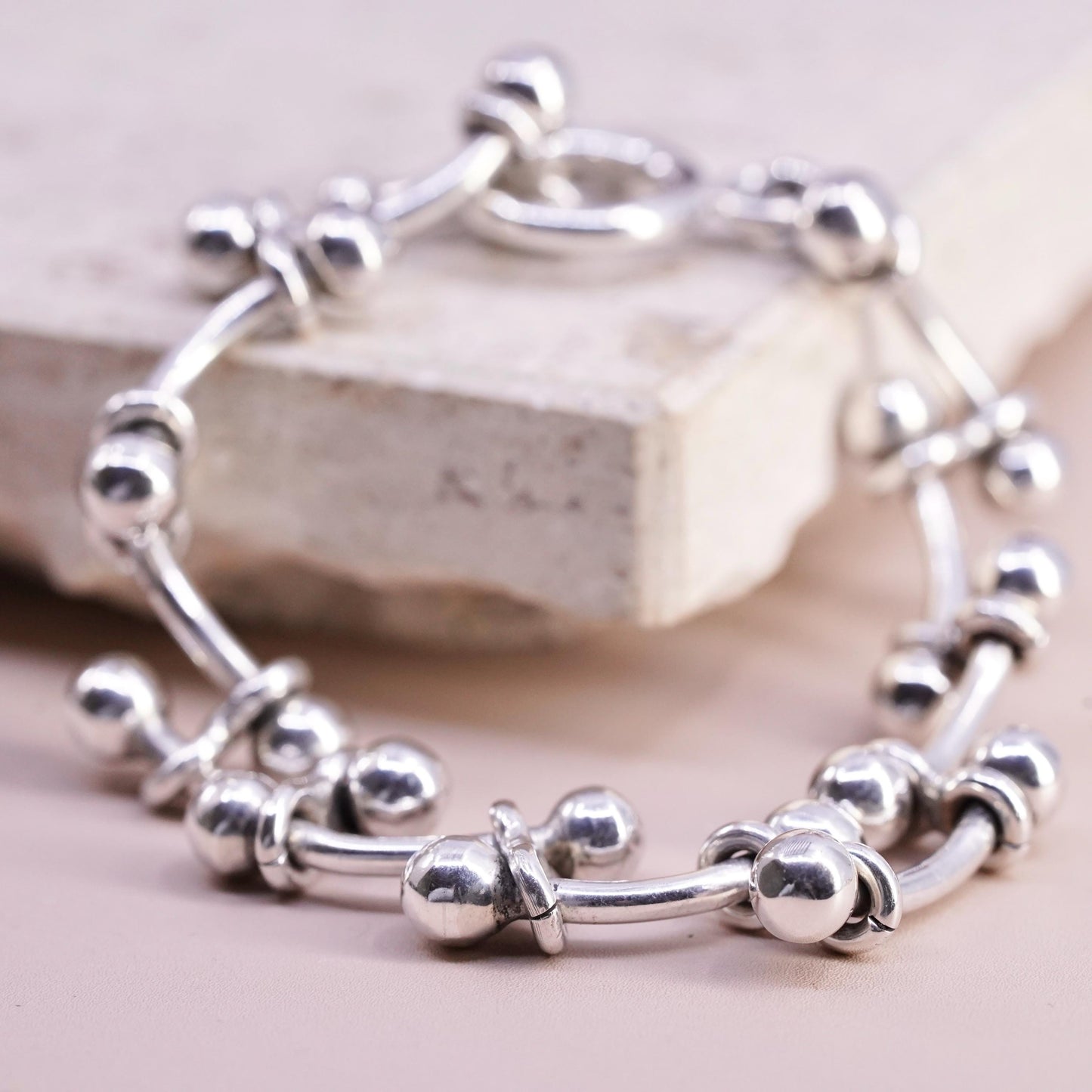 6.5”, vintage Sterling silver bracelet, 925 ball bar link chain toggle closure