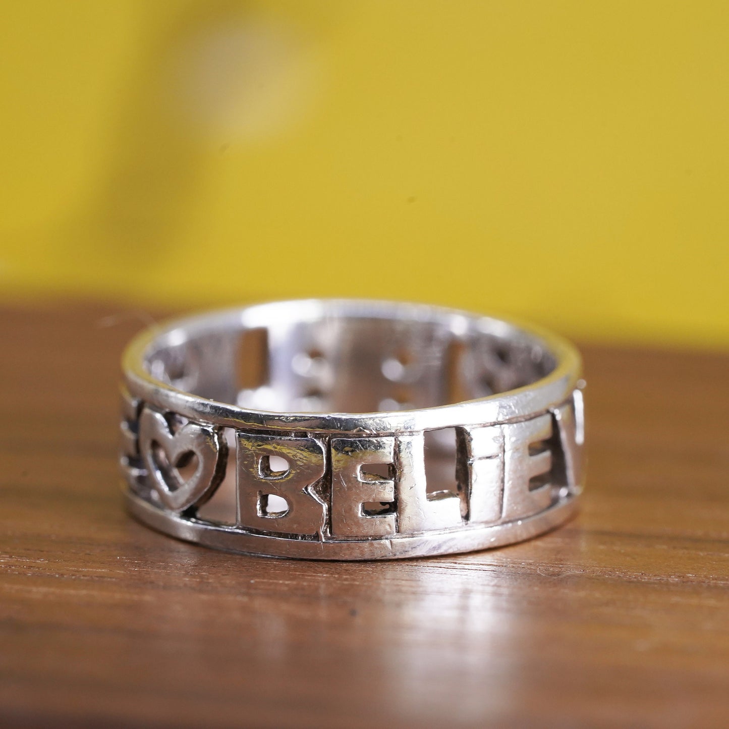 Size 8, vintage Sterling silver prayer ring, 925 band engraved "believe"