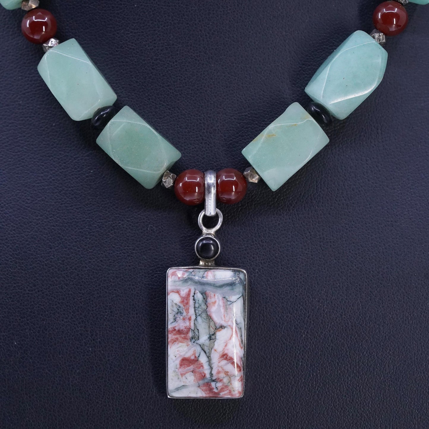 16” VTG Sterling 925 Silver Jade nugget carnelian beads necklace jasper pendant