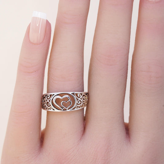 Size 6.5, Vintage sterling silver handmade ring, 925 filigree double heart band
