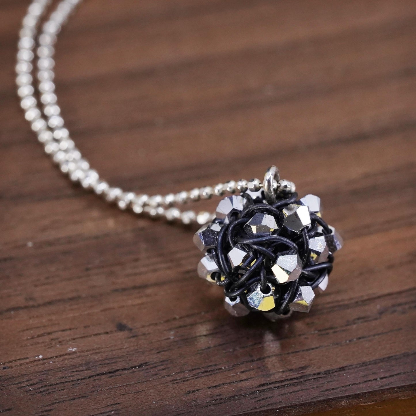 16", Sterling silver necklace, 925 bead chain with cluster crystal ball pendant