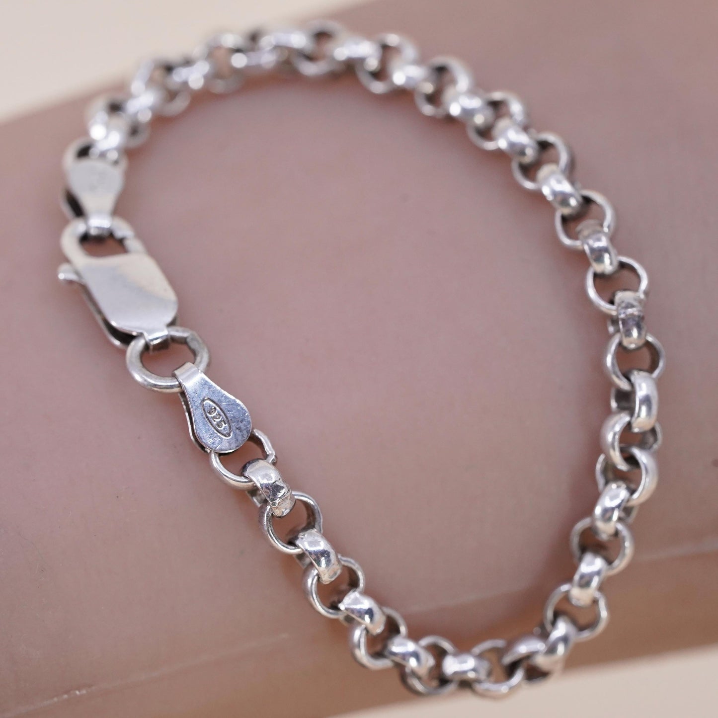 5.5", 4mm, Vintage sterling 925 silver handmade circle link charm bracelet
