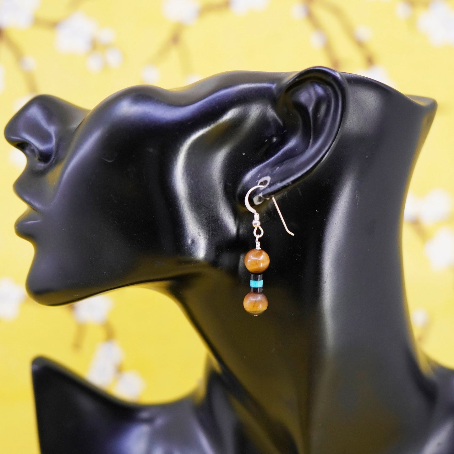 Vintage Sterling 925 silver handmade earrings with golden tiger eye beads