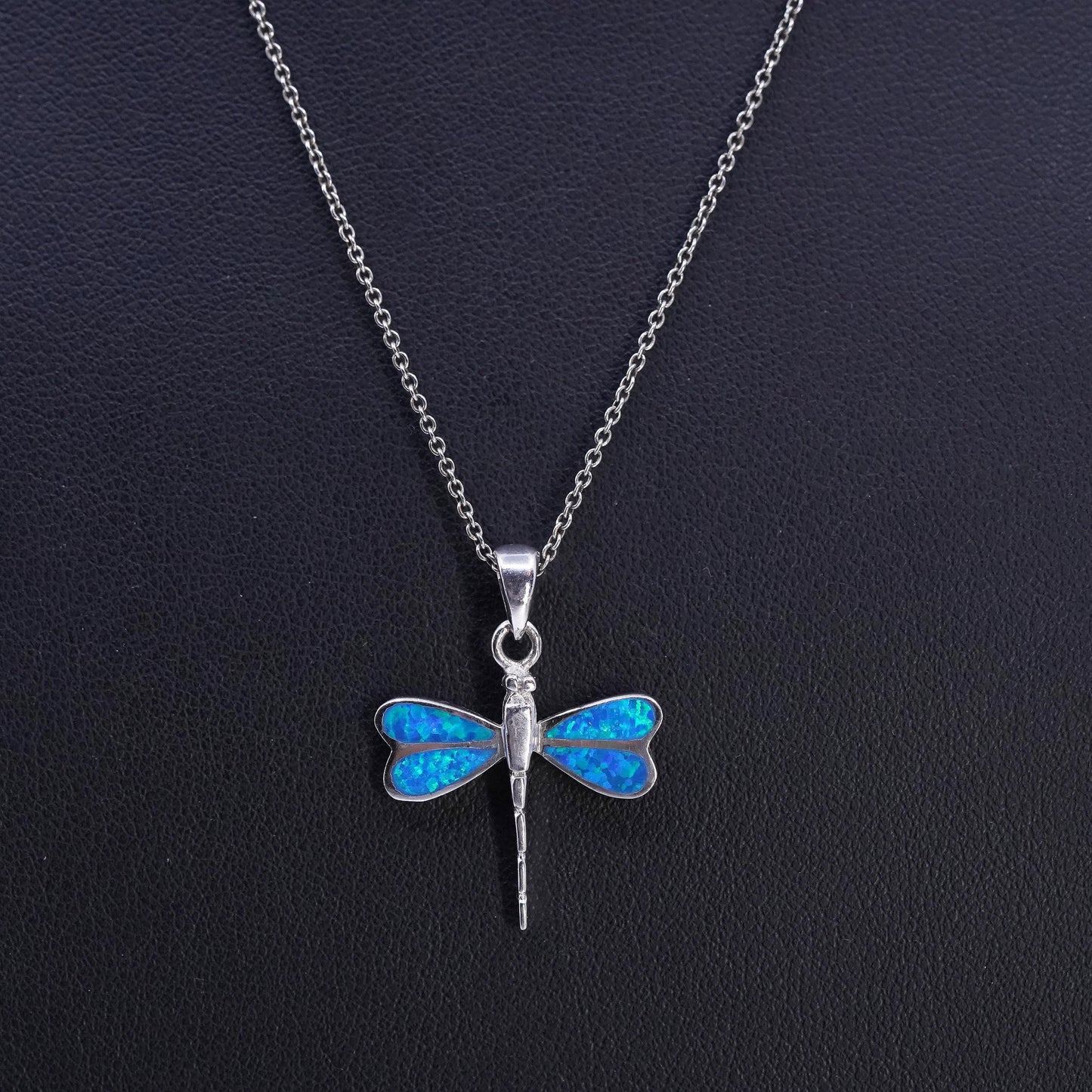18", vintage Sterling 925 silver circle chain necklace opal dragonfly pendant