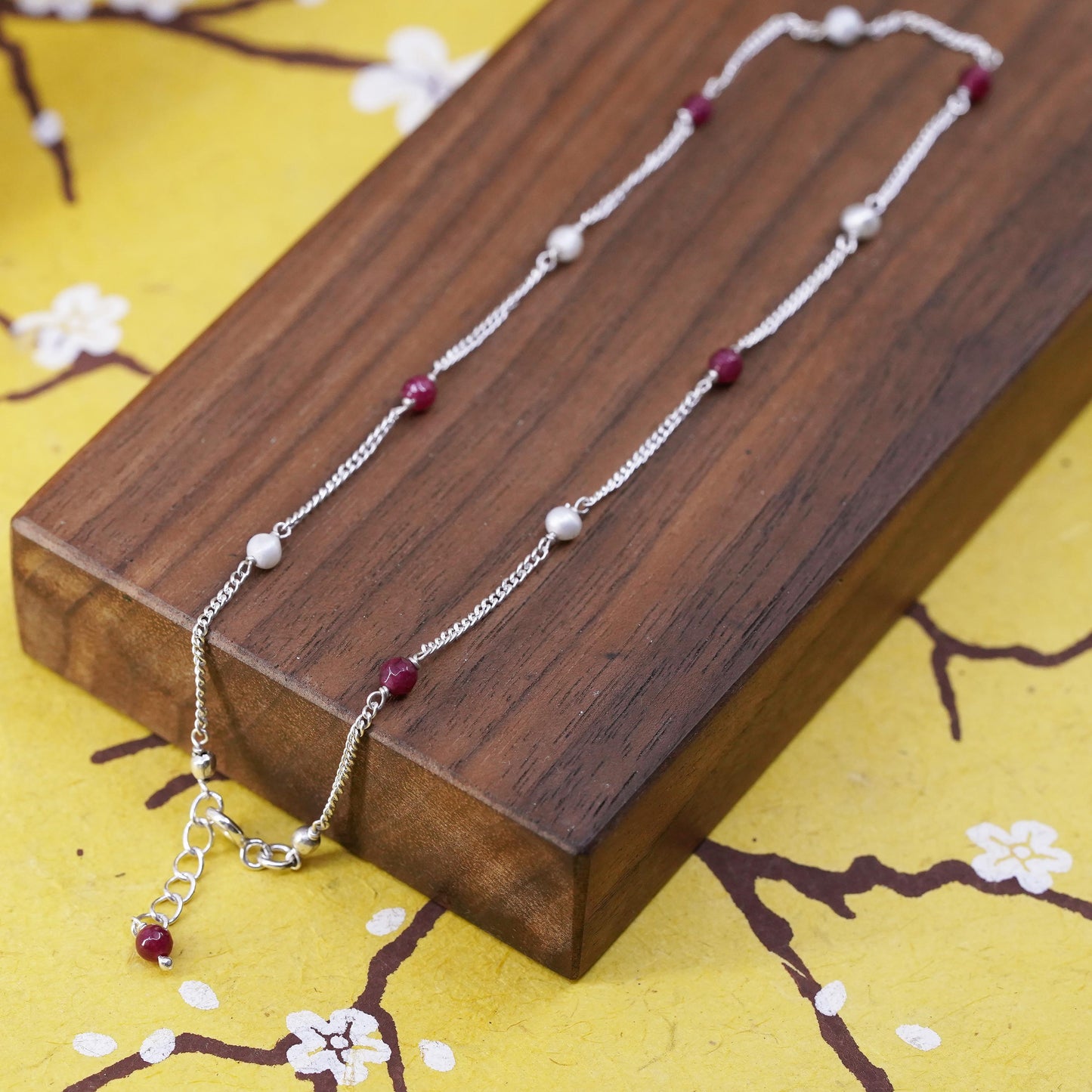 11.75", vintage Sterling silver curb chain, Italy 925 anklet pearl ruby beads