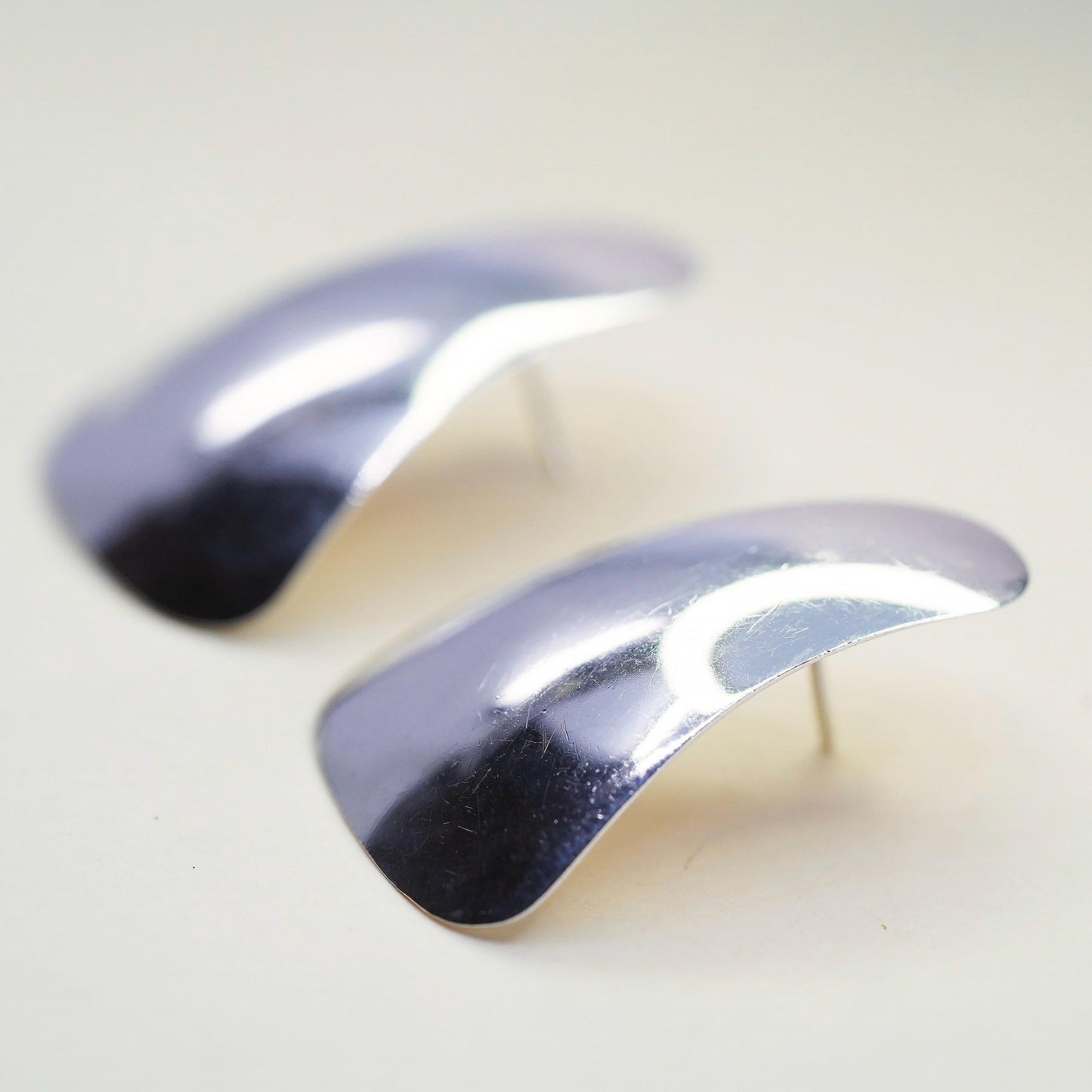 Vintage Sterling Silver Modernist Curved Earrings, Sculptural Statement Studs