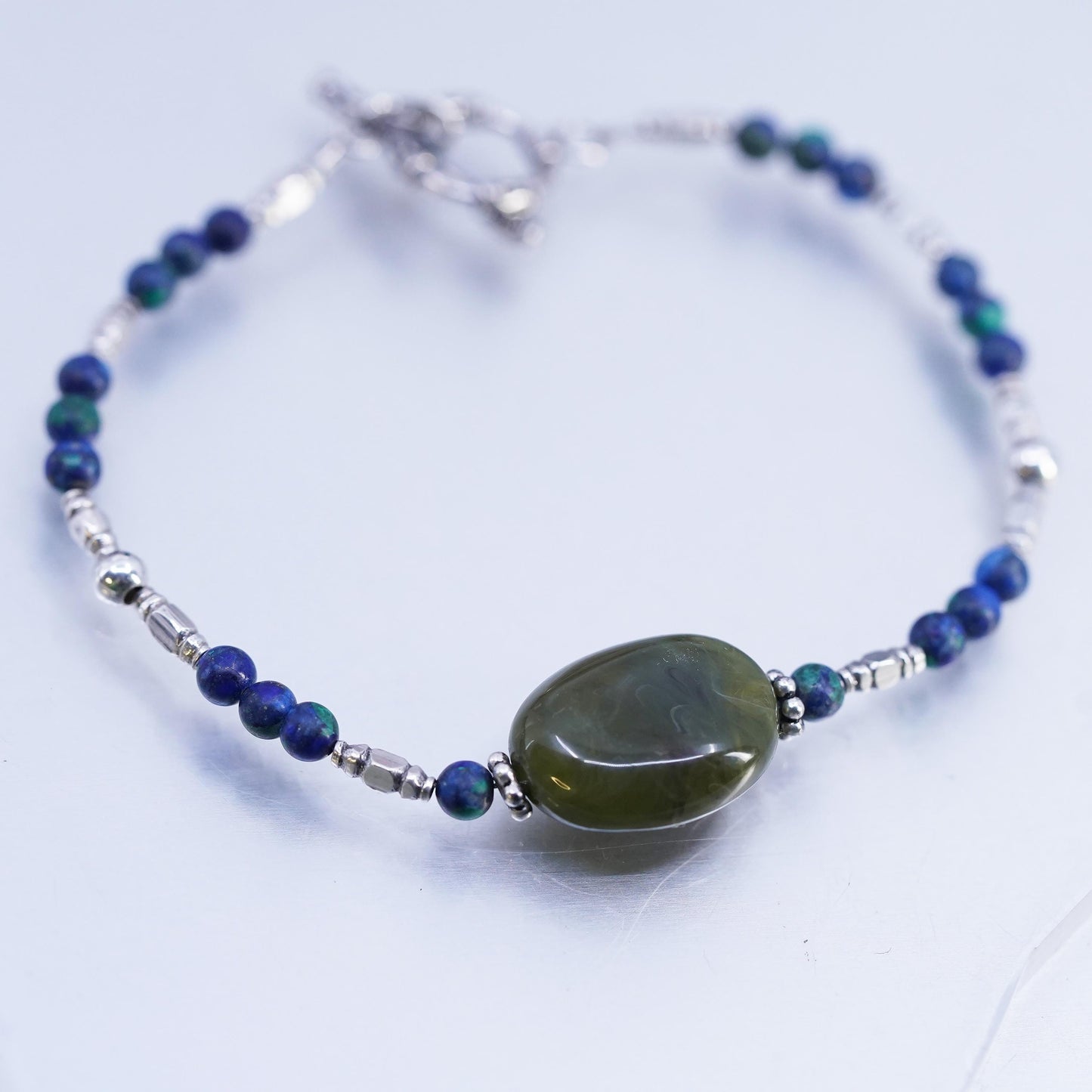 7.75", Vintage Sterling 925 Silver Handmade ammonite Bead Bracelet Jade charm