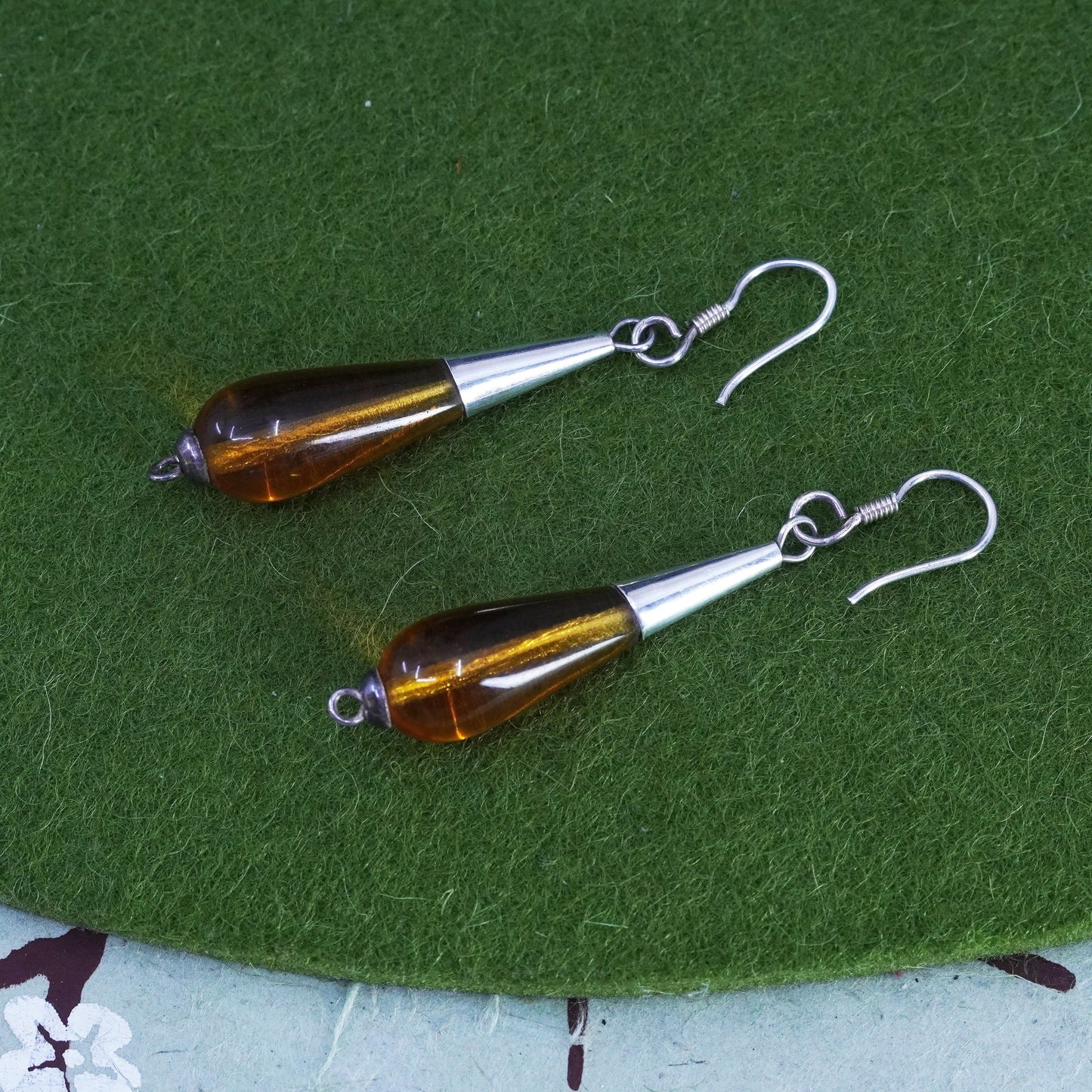 Vintage Sterling 925 silver handmade earrings with teardrop amber