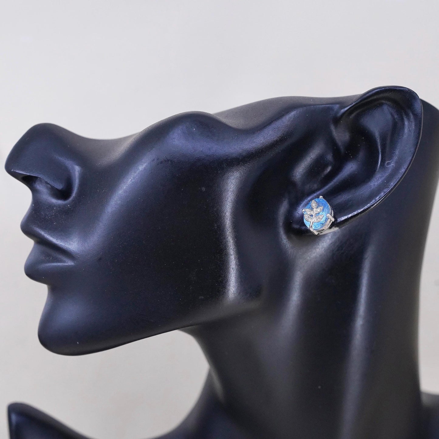 Vintage Sterling silver earrings, 925 studs with blue topaz and leaves