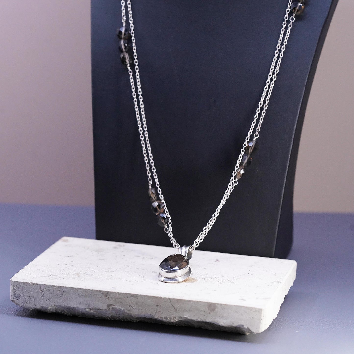 26", Sterling 925 Silver double strands necklace, Smoky Quartz teardrop pendant