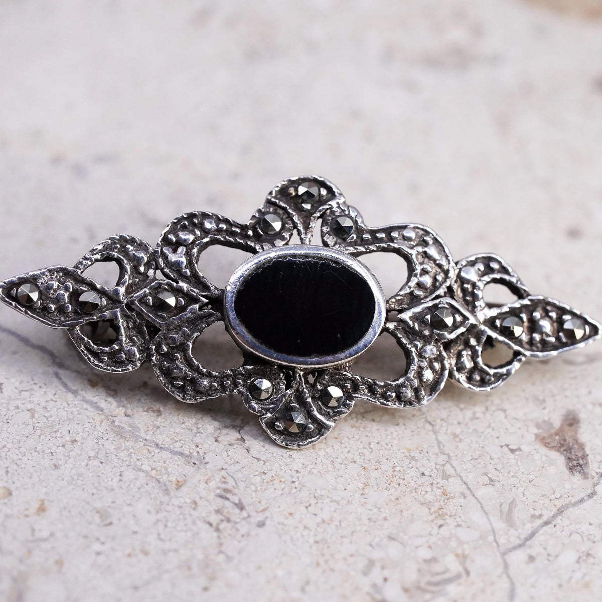 Sterling 925 Silver Onyx Marcasite Brooch Pin Art Deco Ornate Floral Jewelry