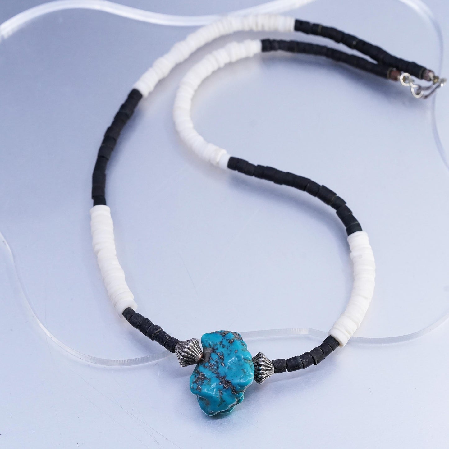 18", VTG Sterling 925 silver handmade heishi necklace turquoise nugget pendant