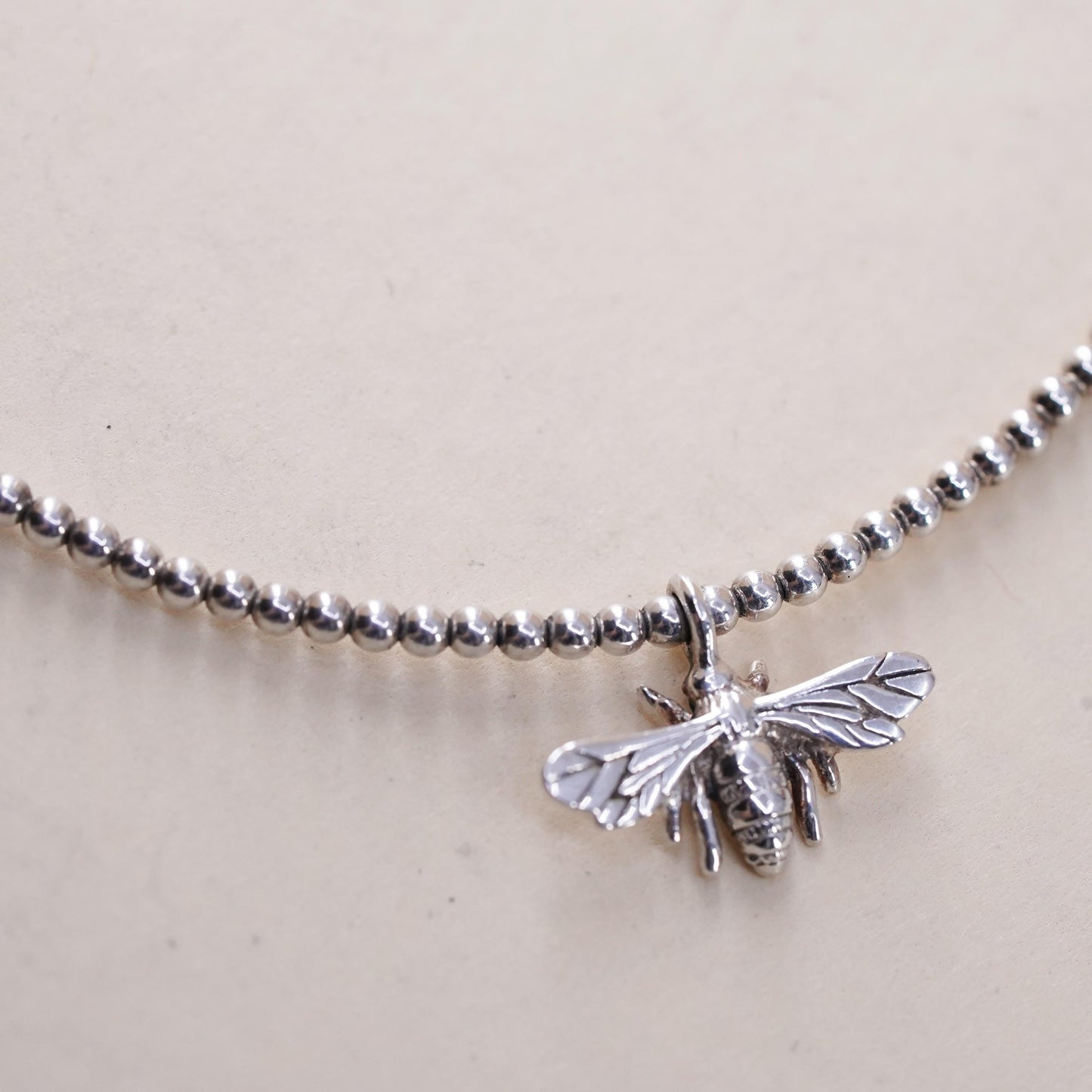 6.75", sterling silver stretchy band bracelet, 925 beads chain with bee charm