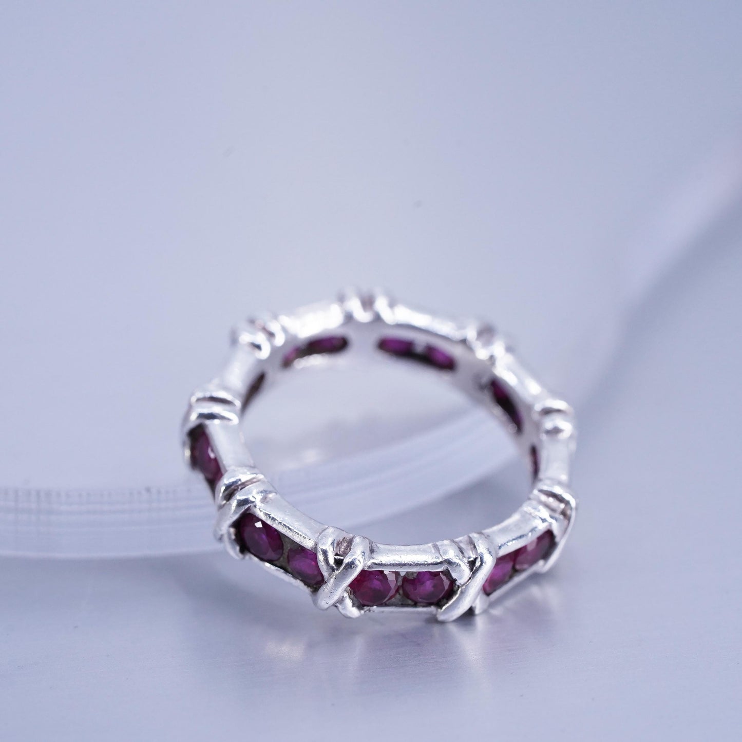 Size 6.25, vintage Sterling 925 silver stackable band ring with cluster ruby