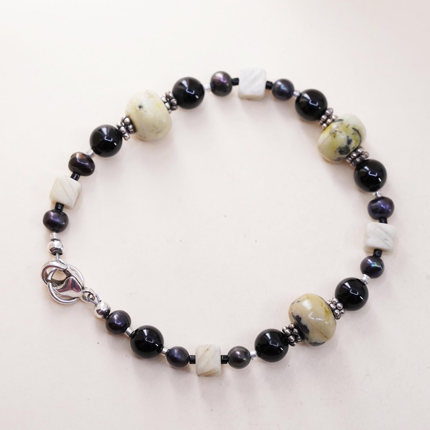 6.5”, Vintage Sterling 925 silver handmade bracelet with onyx Jasper beads