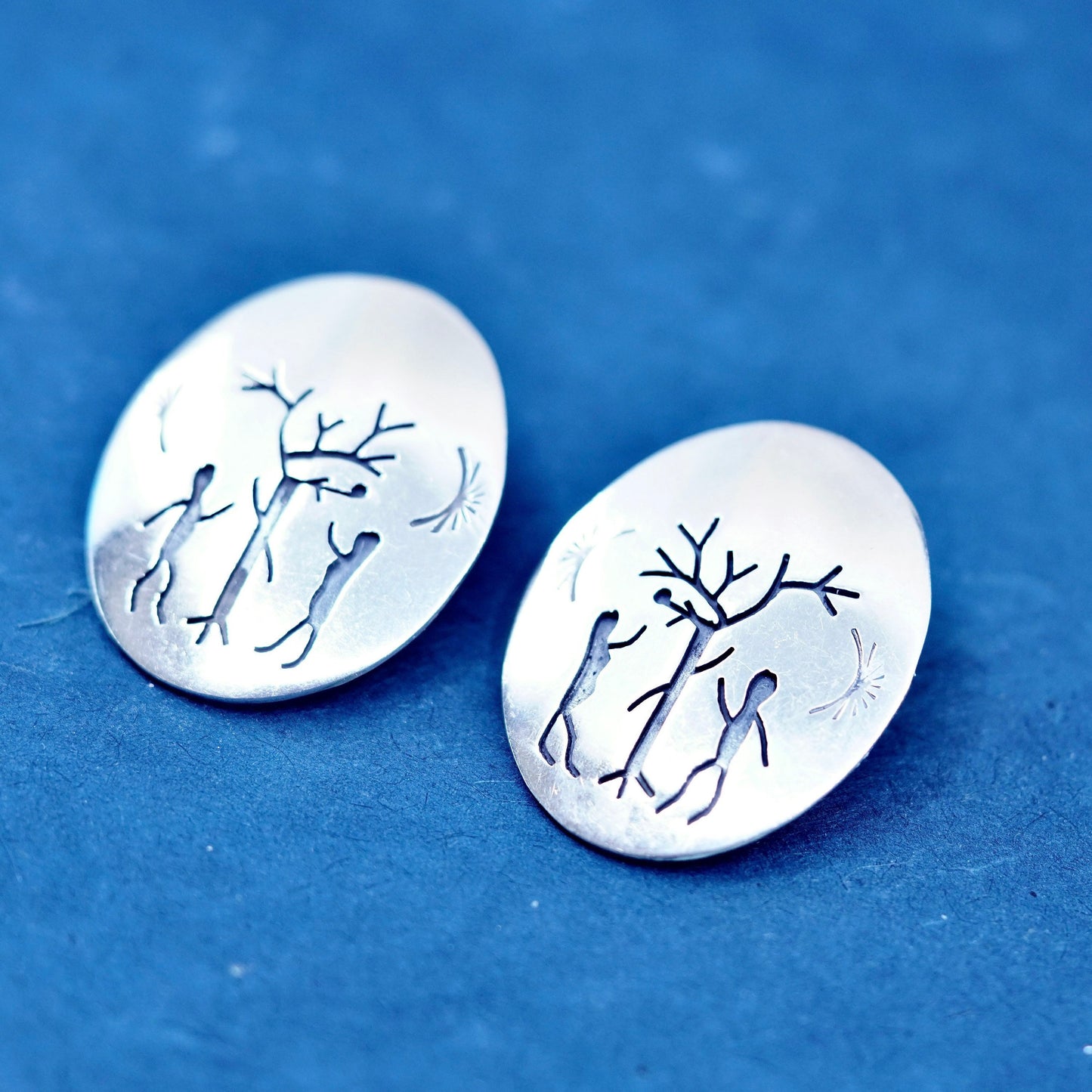 Vintage Mexico southwestern sterling silver handmade earrings, 925 oval studs