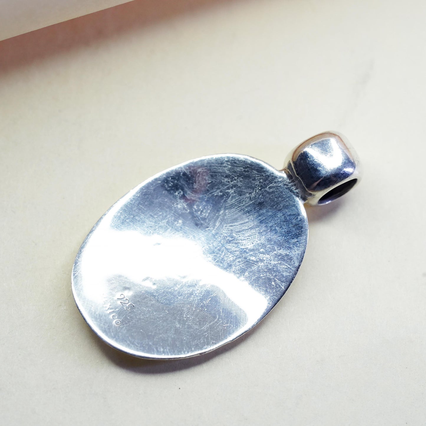 Vintage Sterling silver handmade pendant, Mexican spiral textured 925 oval tag