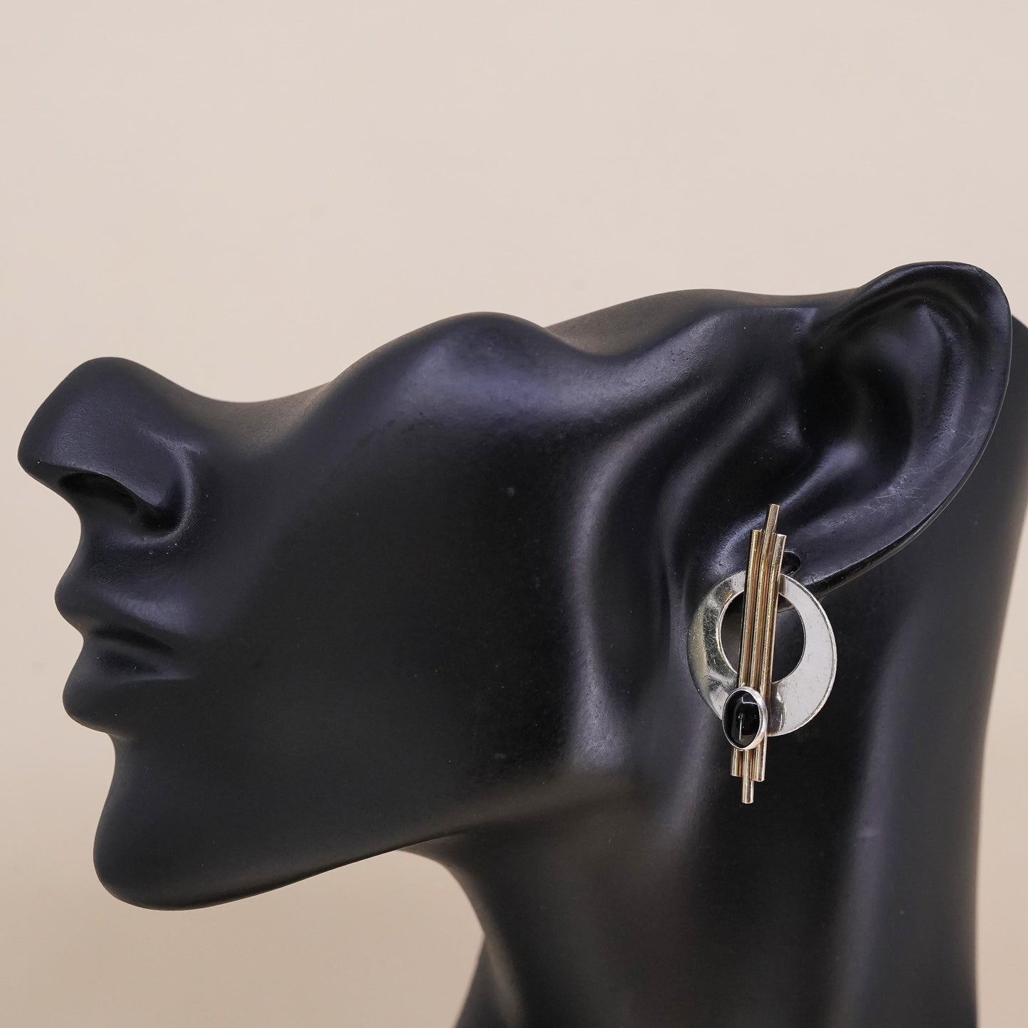 PJP gold filled two tone sterling silver single earring, modern 925 disc onyx