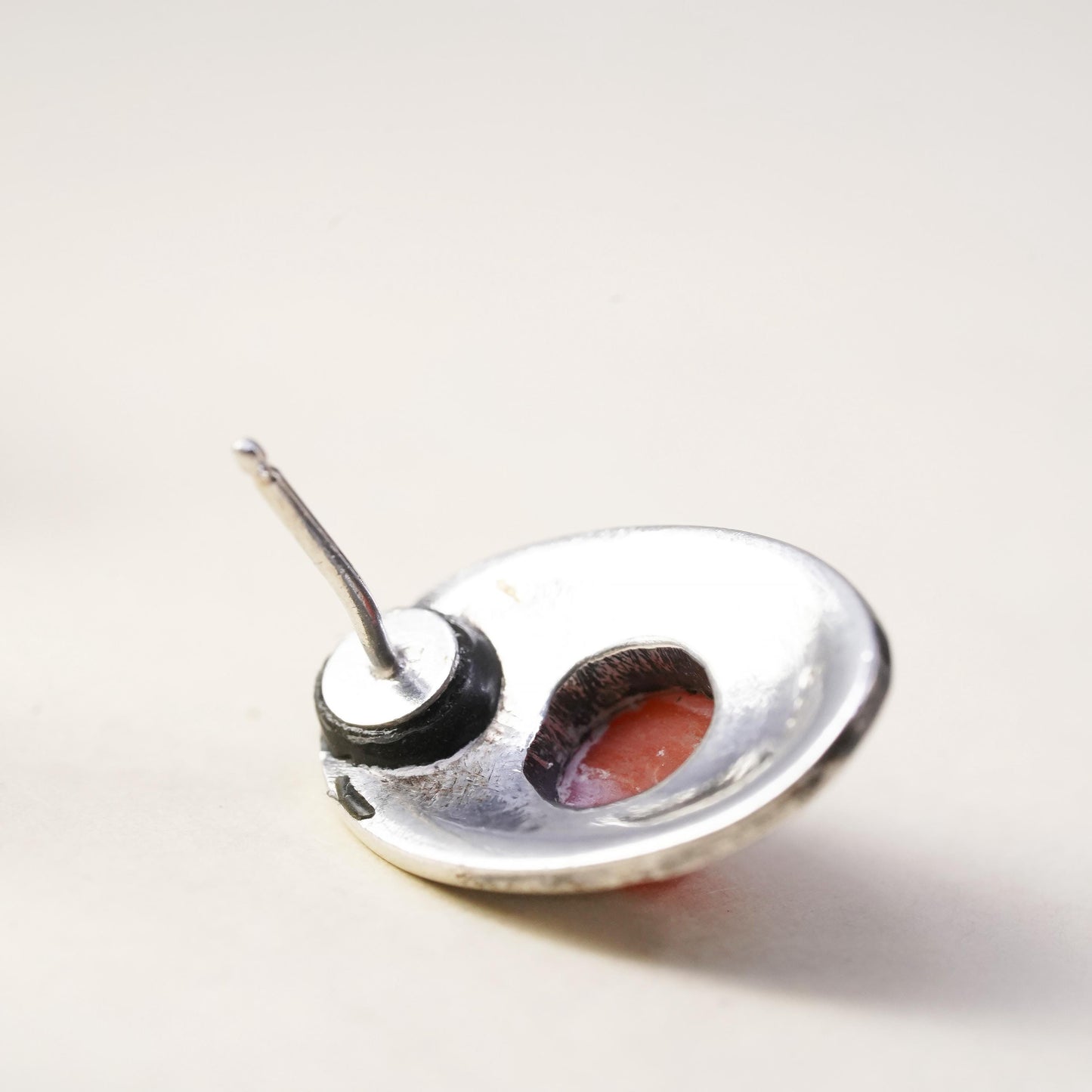 Native American Navajo handmade single earring. Sterling 925 silver stud coral