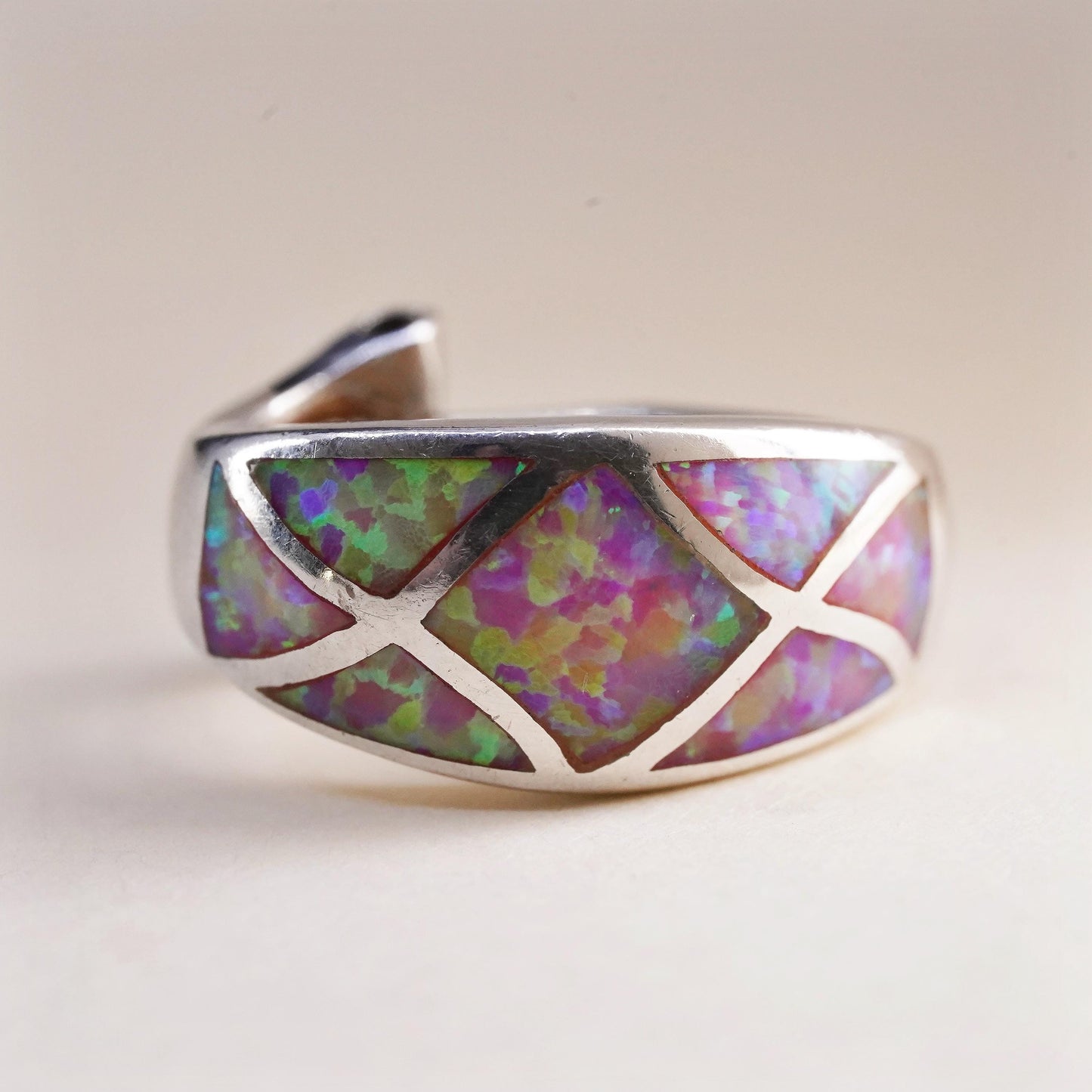 Vintage handmade single earring. Sterling 925 silver stud with opal inlay
