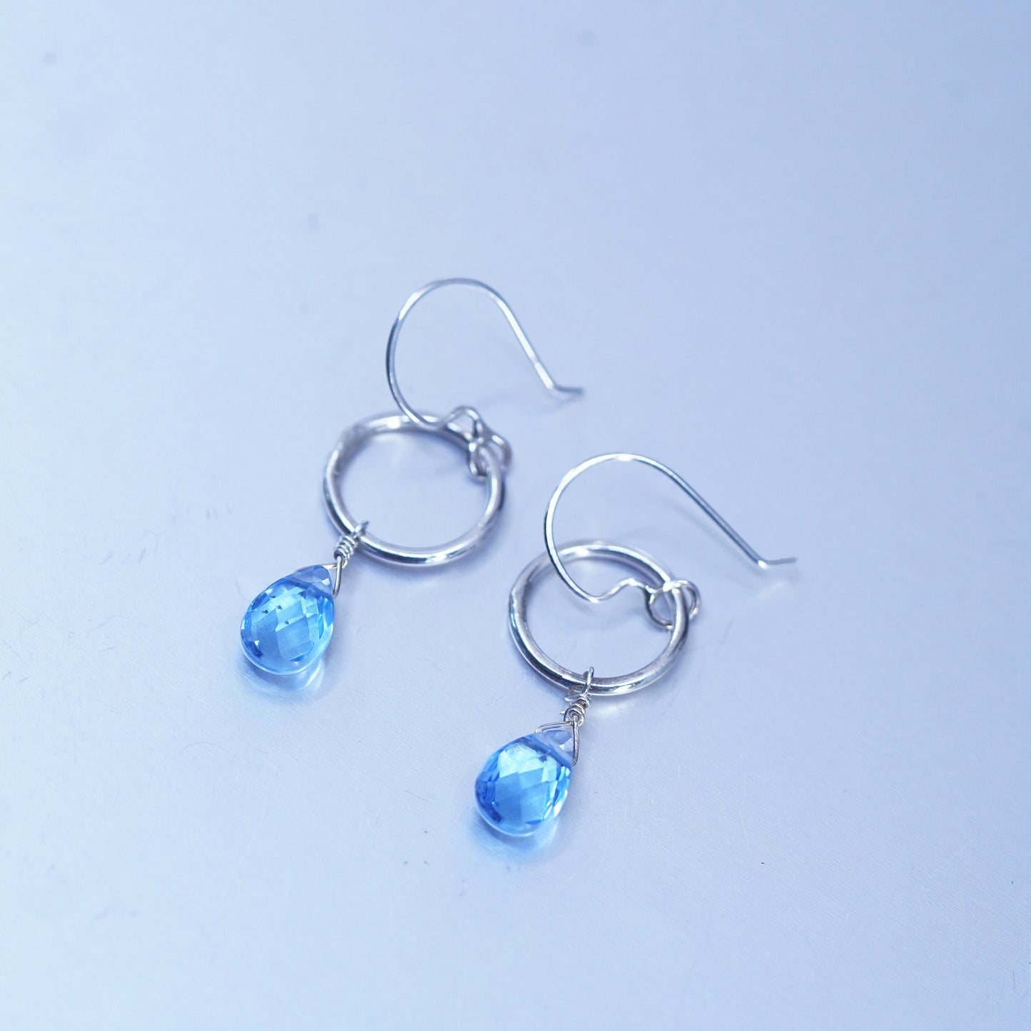 Vintage Sterling 925 silver circle earrings with teardrop blue topaz