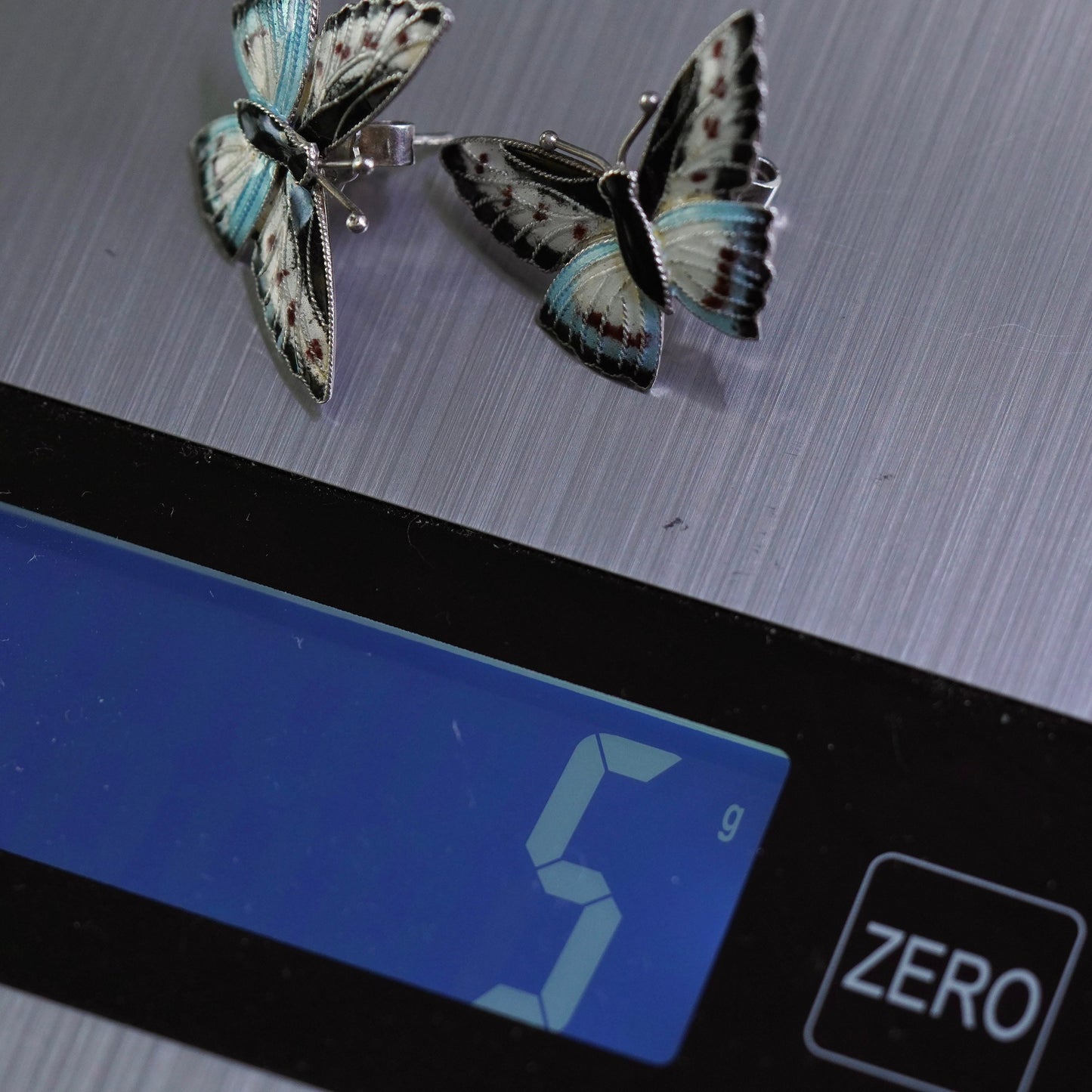 Vintage Sterling silver handmade earrings, 925 enamel butterfly studs