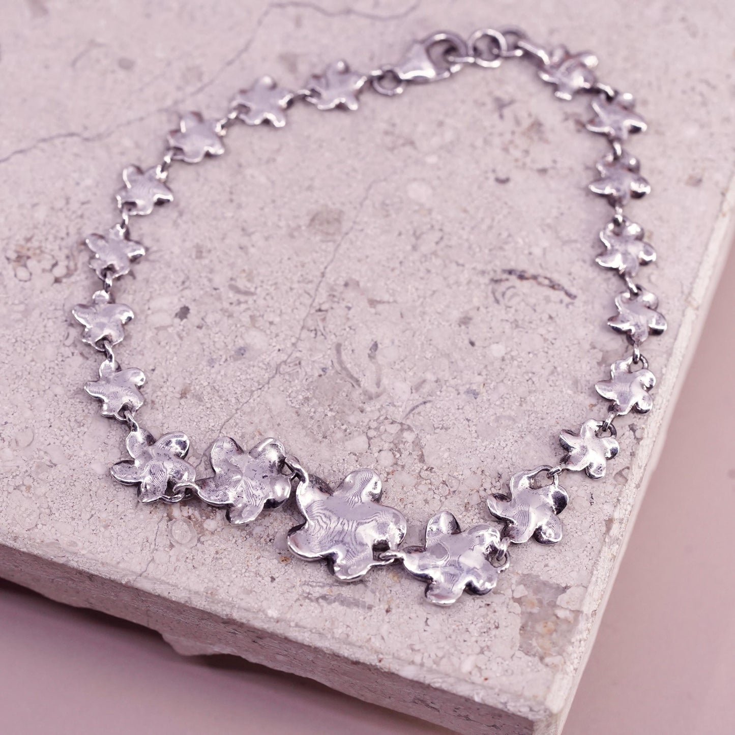 7.25", Sterling silver bracelet, solid 925 plumeria flower pink cz