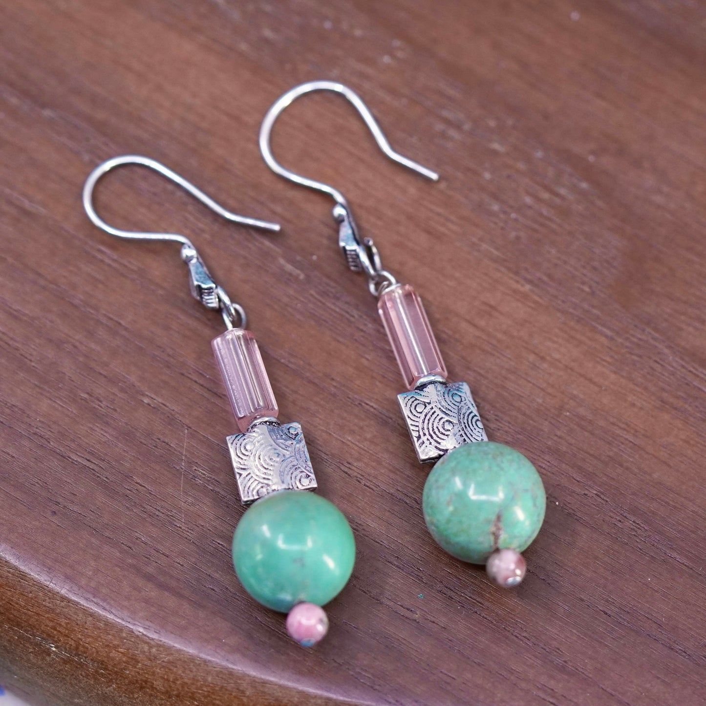 2”, sterling silver handmade earrings, 925 hooks with turquoise pink crystal