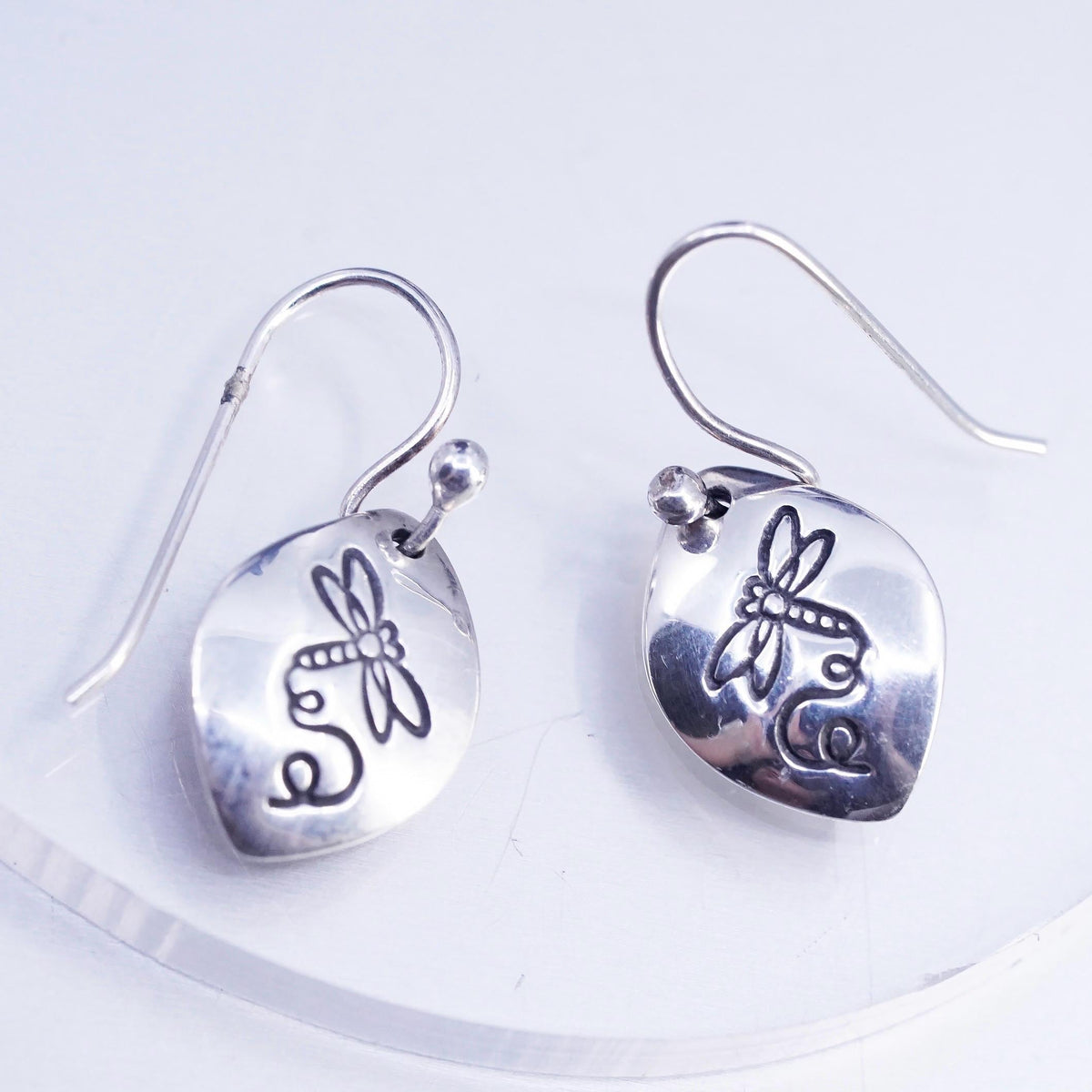 Vintage Sterling 925 silver handmade dragonfly embossed tag earrings