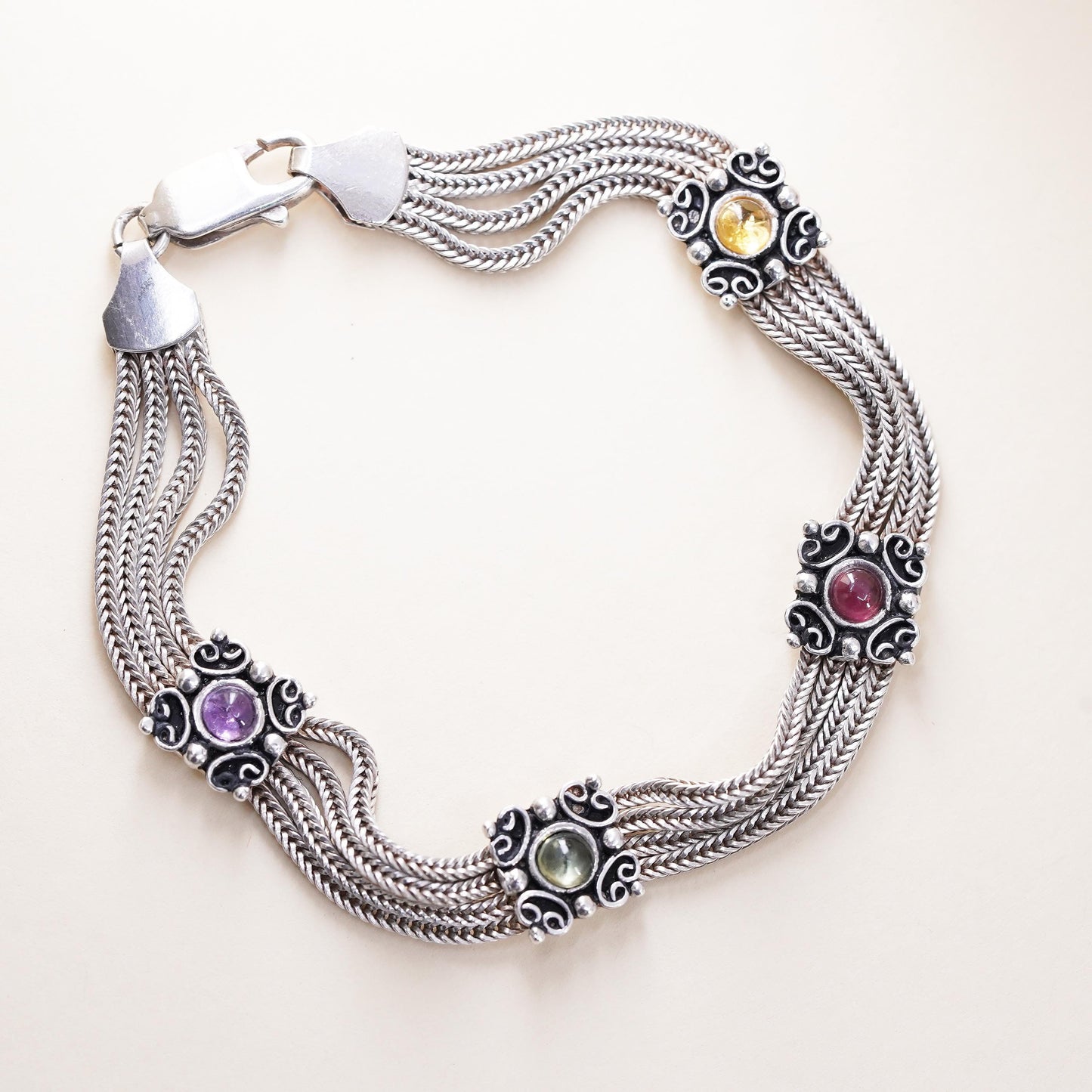 7”, VTG sterling silver bracelet, multi strands 925 wheat chain color crystal