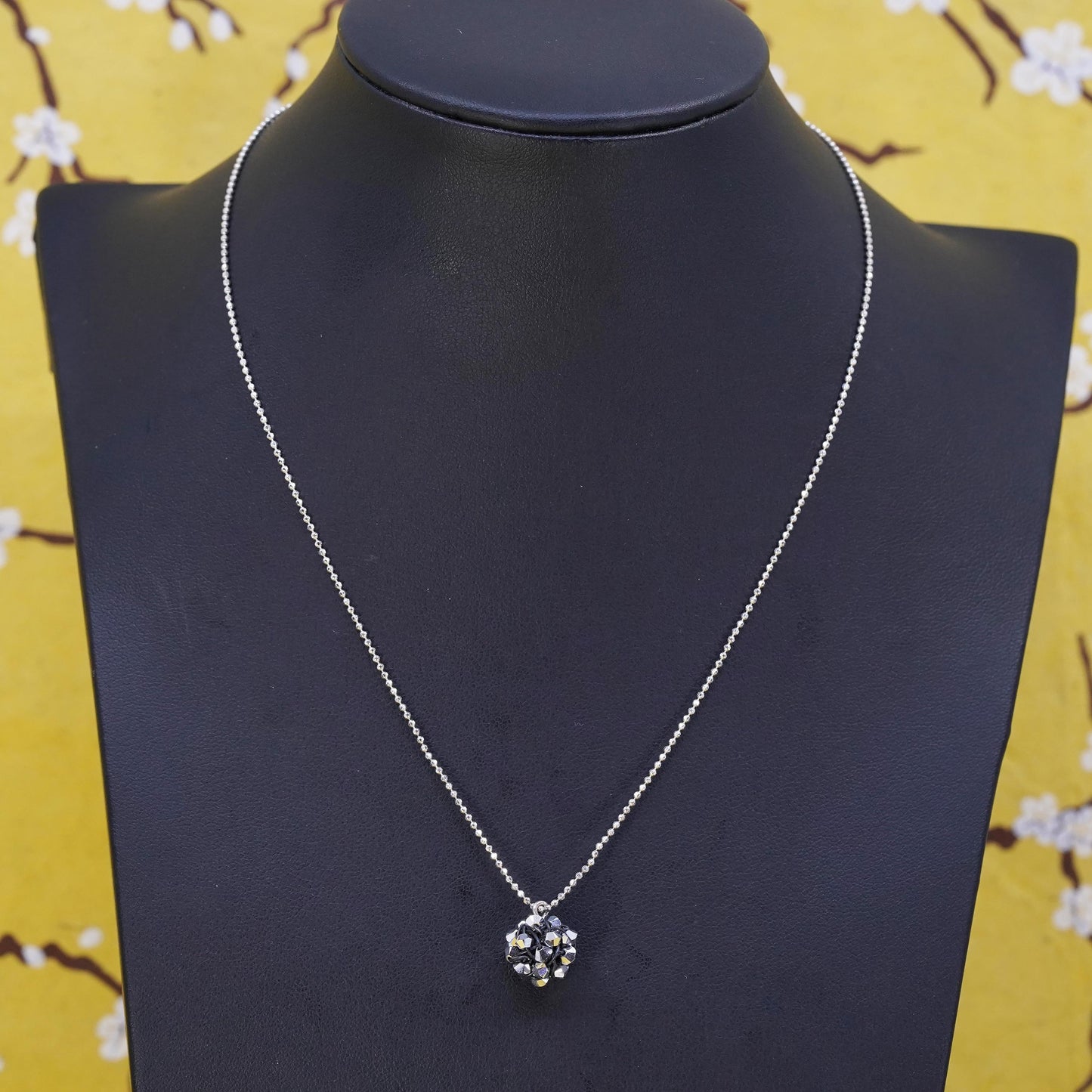 16", Sterling silver necklace, 925 bead chain with cluster crystal ball pendant