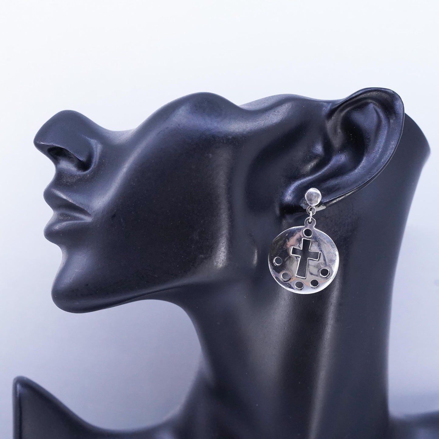 Vintage Sterling 925 silver handmade cross cut out disc earrings