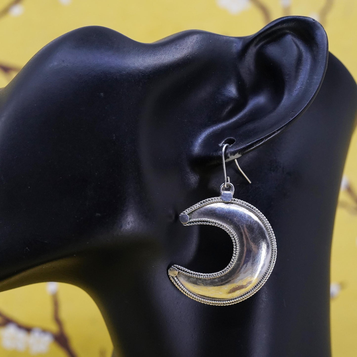 Vintage sterling silver handmade earrings, 925 moon and star drops