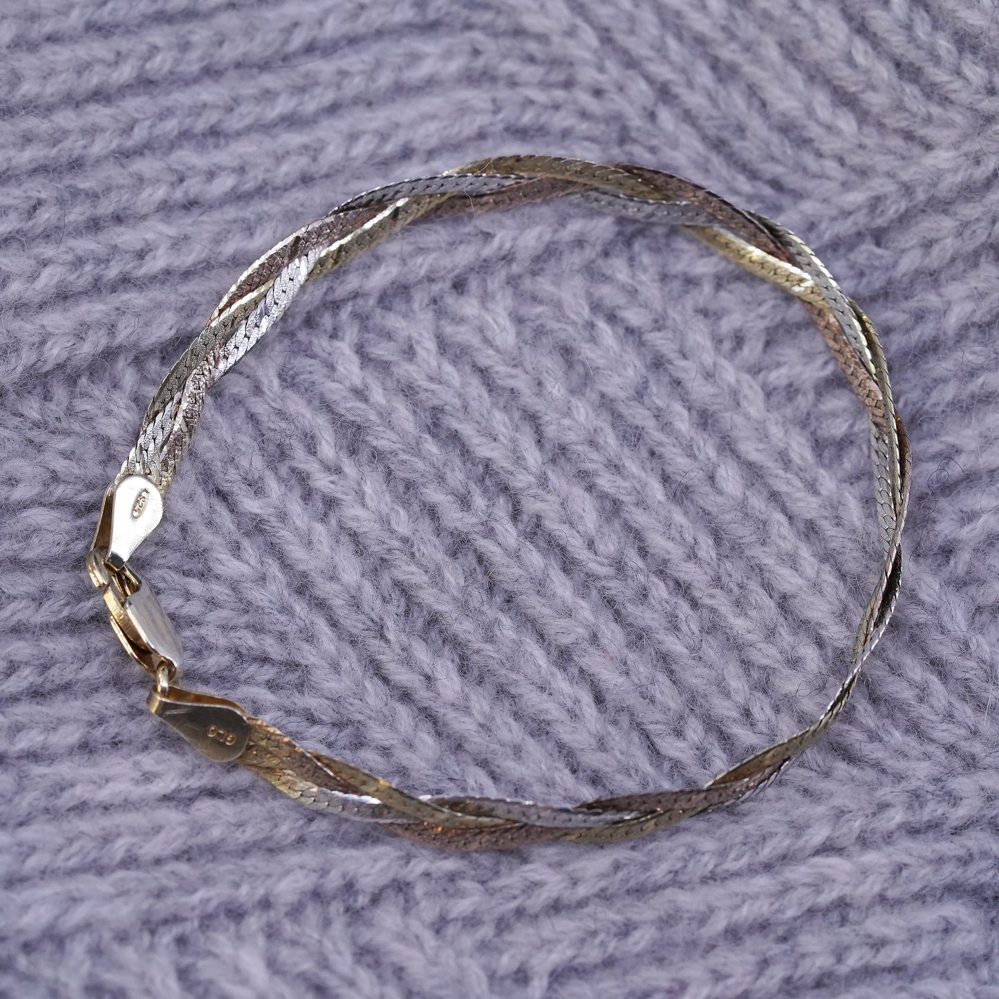 7" gold over Sterling silver bracelet, 925 woven braided herringbone chains