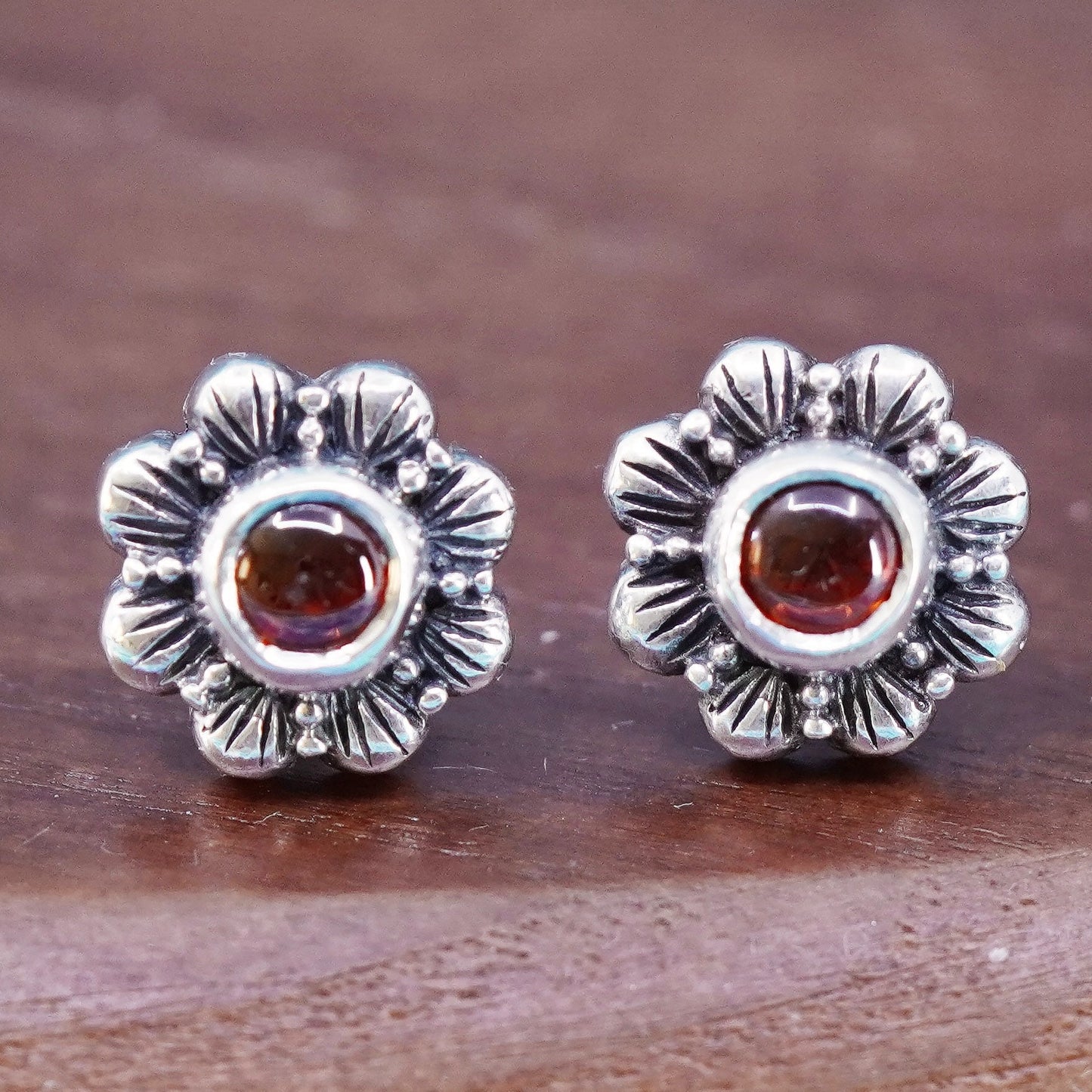 Vintage Sterling silver handmade earrings, 925 silver studs with garnet