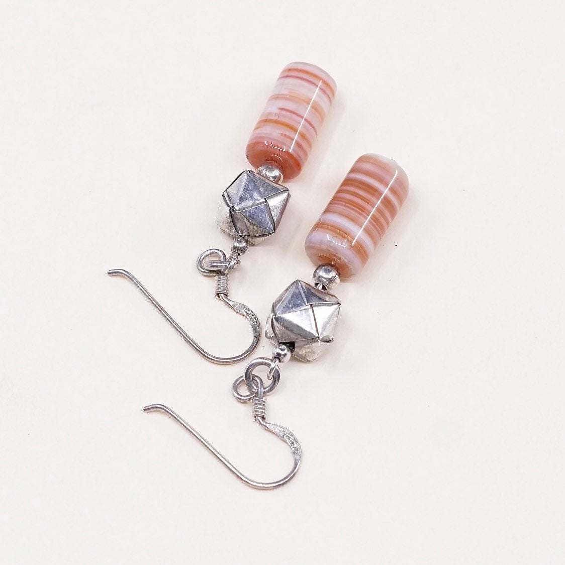 Sterling silver handmade earrings, solid 925 origami beads w/ orange lace agate