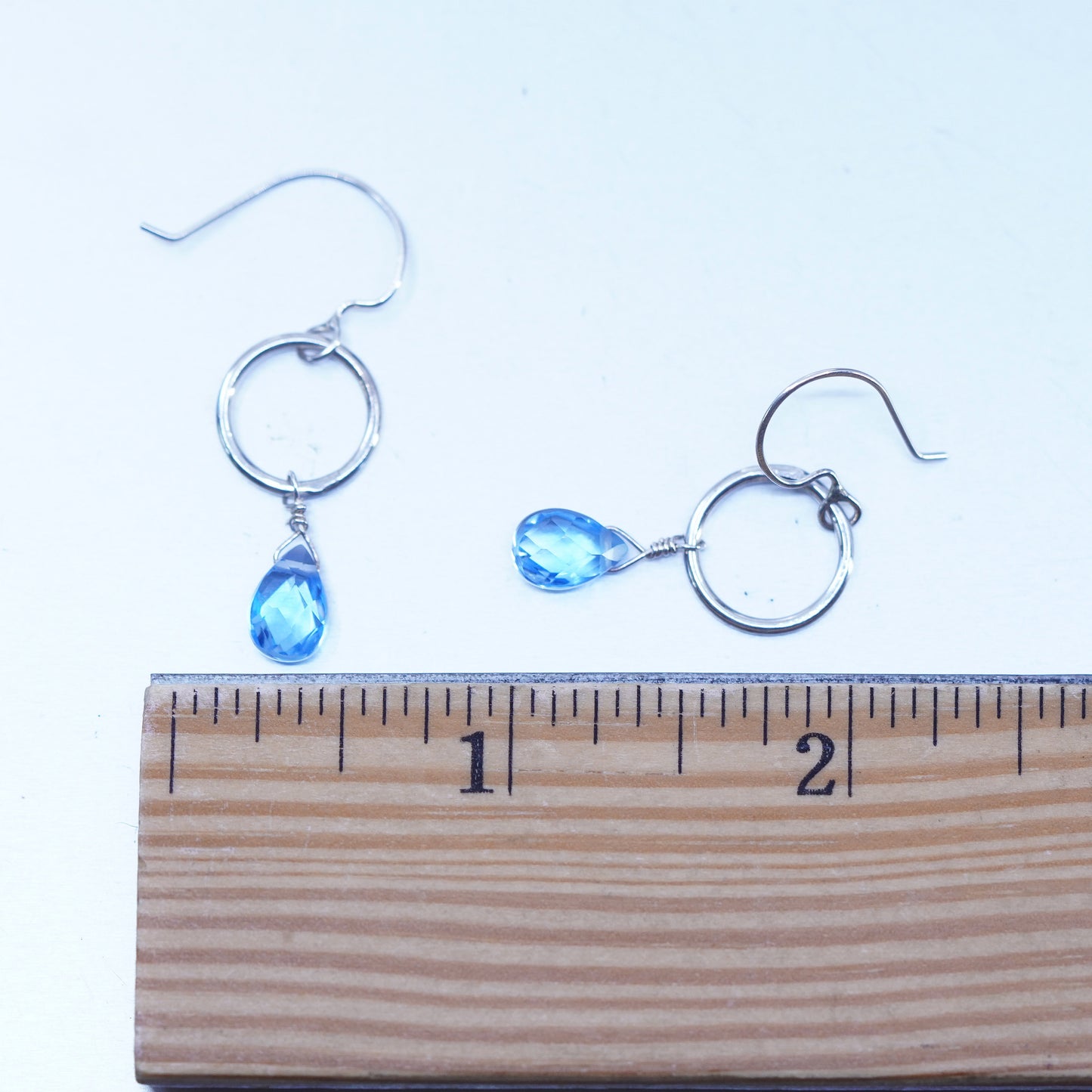 Vintage Sterling 925 silver circle earrings with teardrop blue topaz
