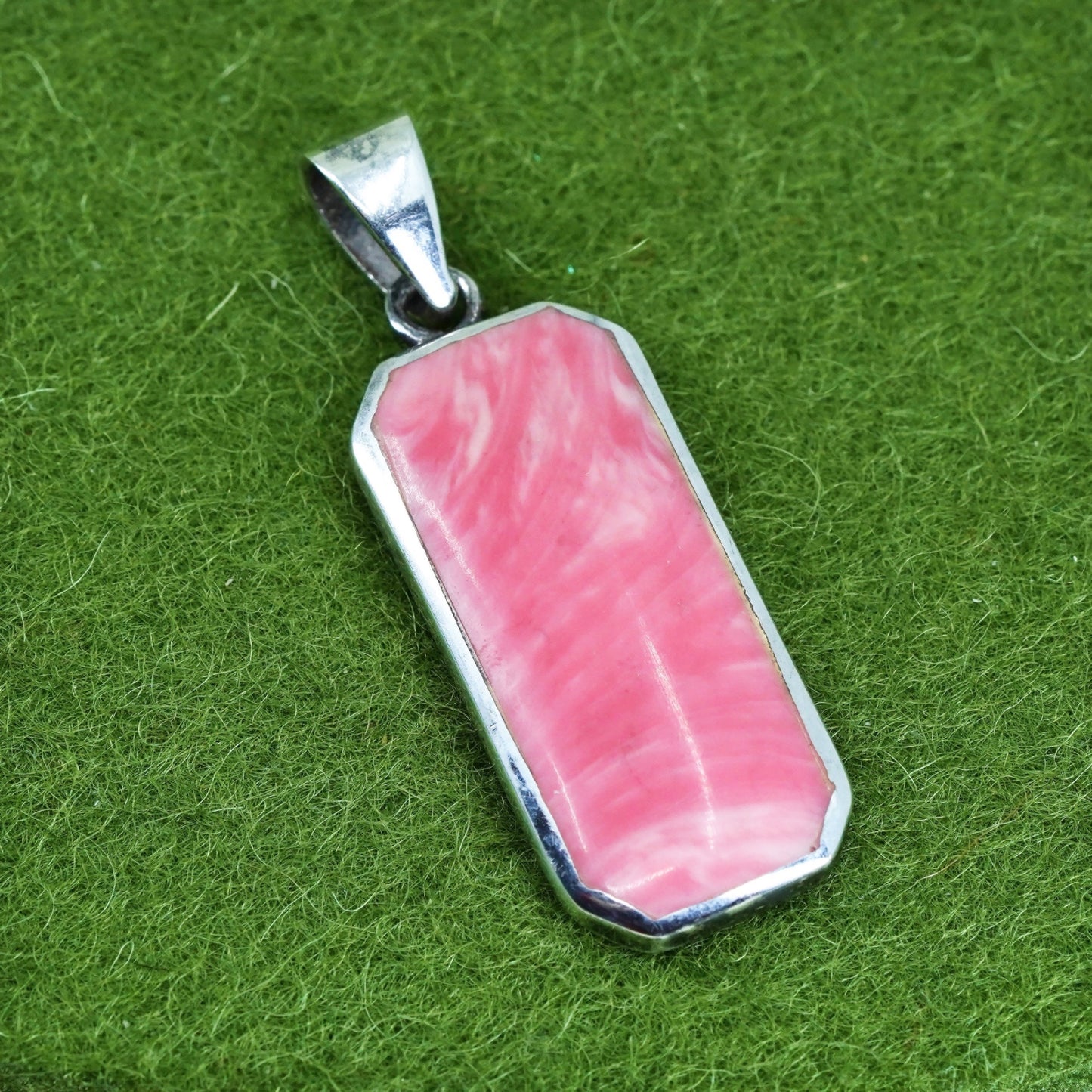 Vintage sterling silver handmade pendant, 925 rectangular charm w/ pink enamel