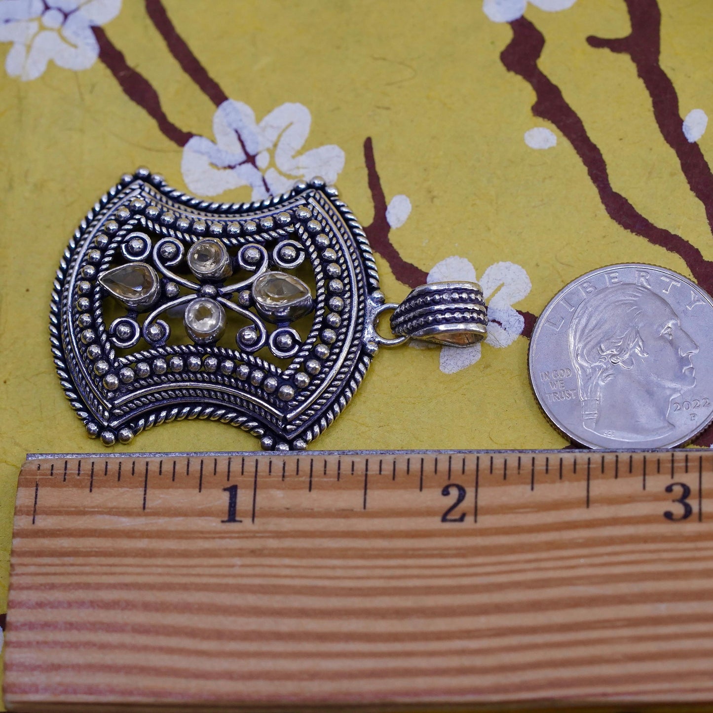 Vintage Sterling silver 925 handmade bead pendant with citrine