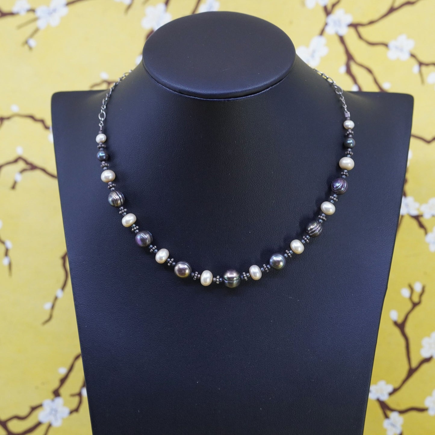 14”, vintage sterling silver 925 necklace, figaro chain with pearl