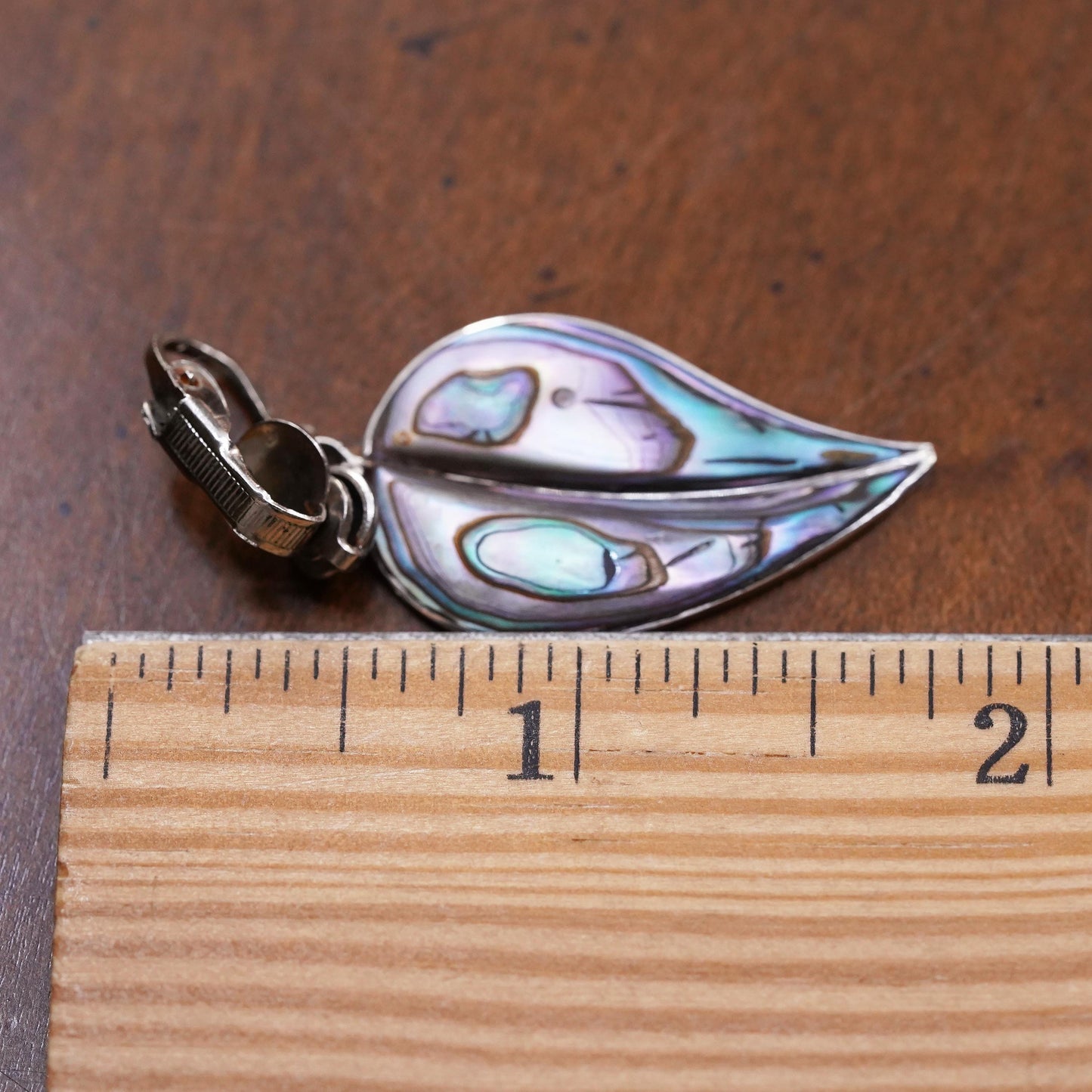 Mexican Taxco sterling silver single earring, 925 clip on leaf pendant abalone