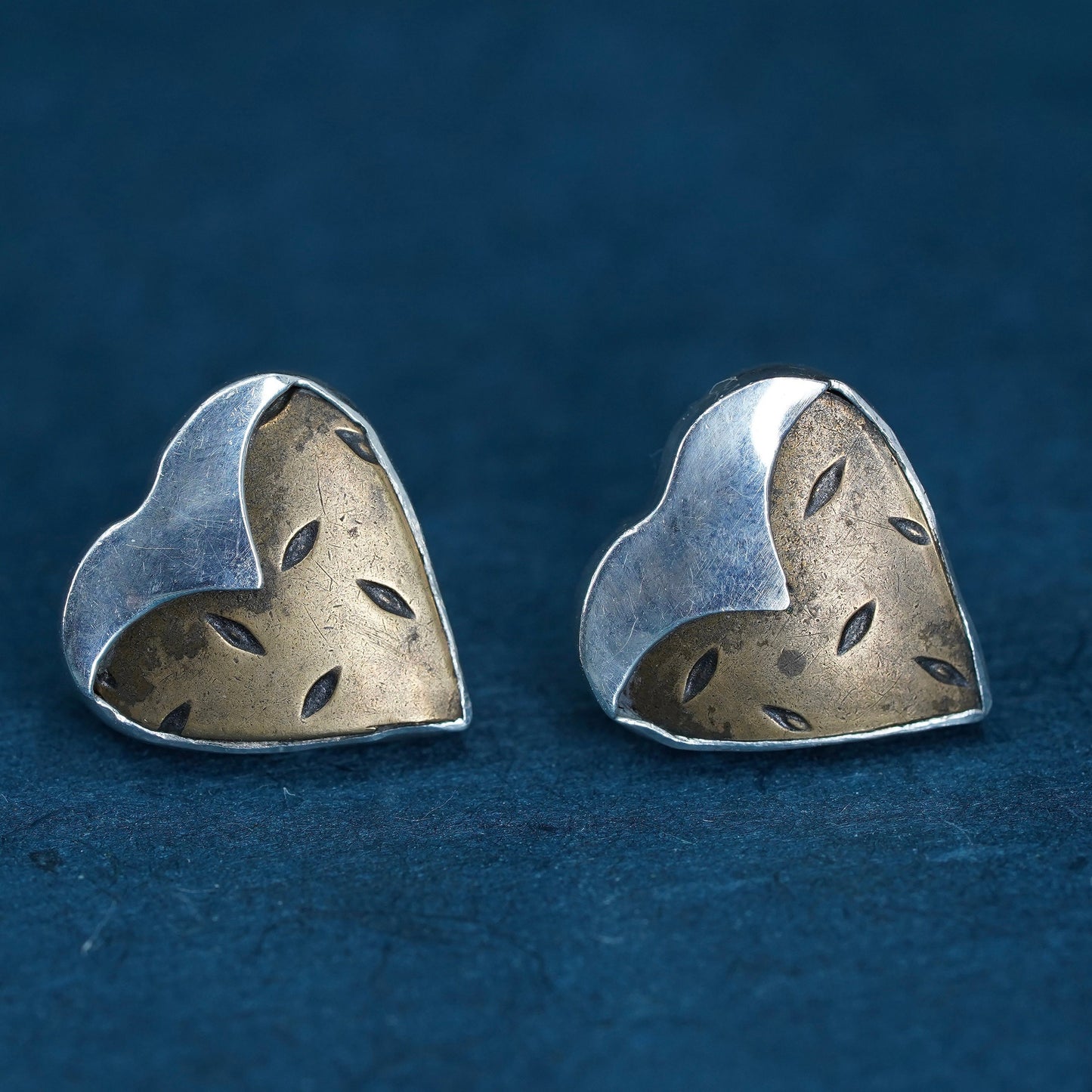 Vintage two tone Sterling silver earrings, 925 square studs with brass heart
