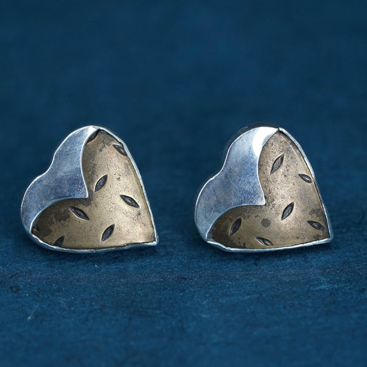 Vintage two tone Sterling silver earrings, 925 square studs with brass heart