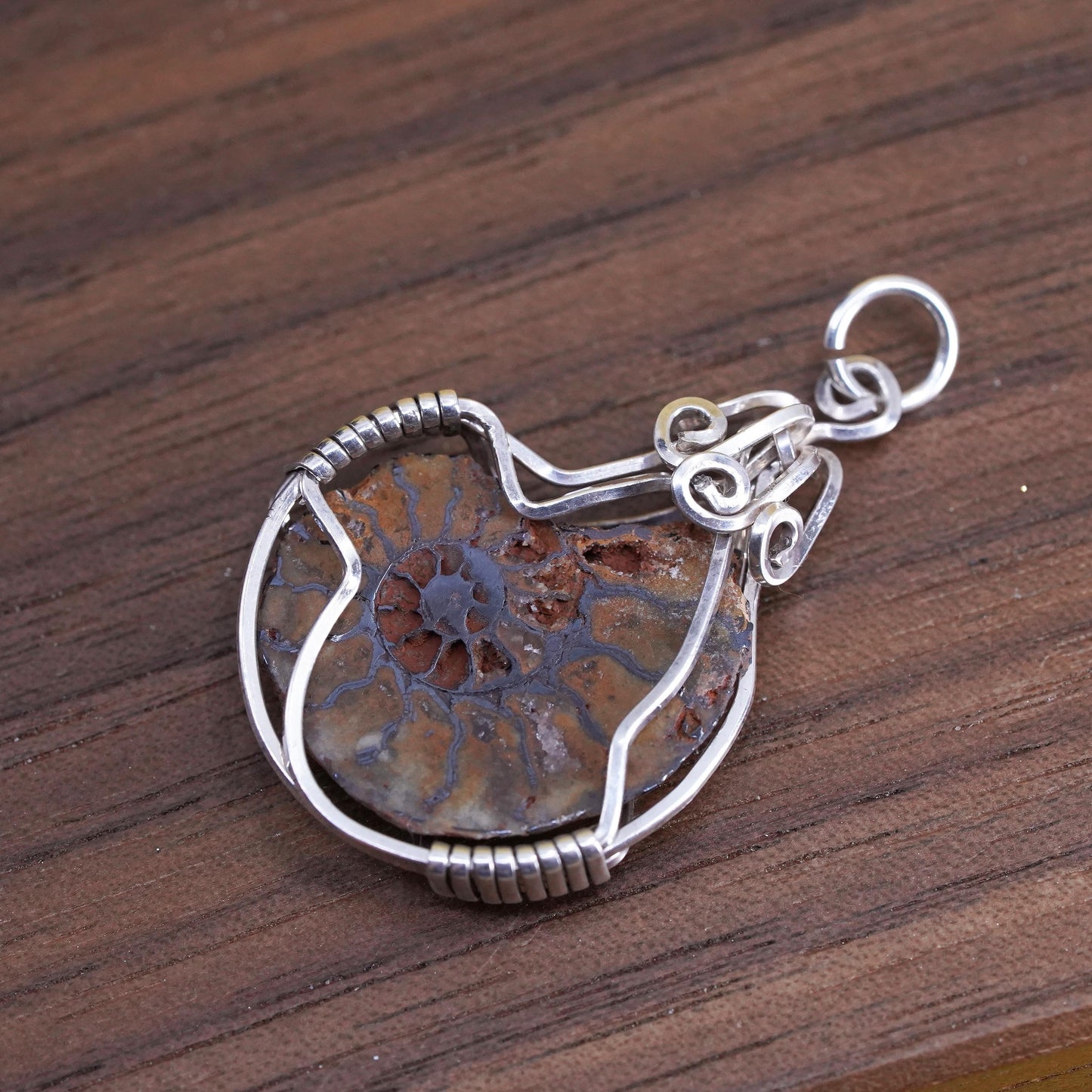 Vintage Sterling silver handmade pendant, solid 925 silver wired fossil shell