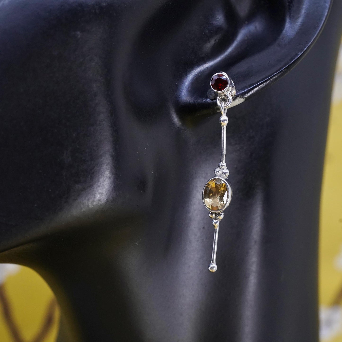 Vintage Sajen sterling 925 silver handmade long earrings with citrine