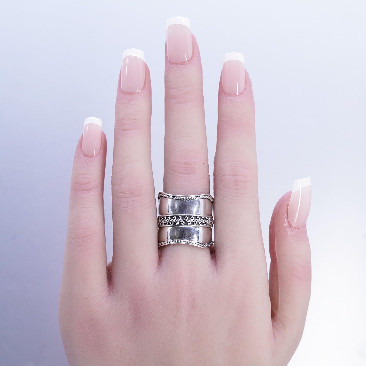 Size 9.5, Vintage Sterling Silver Wide Ring cable, Boho Statement 925 band