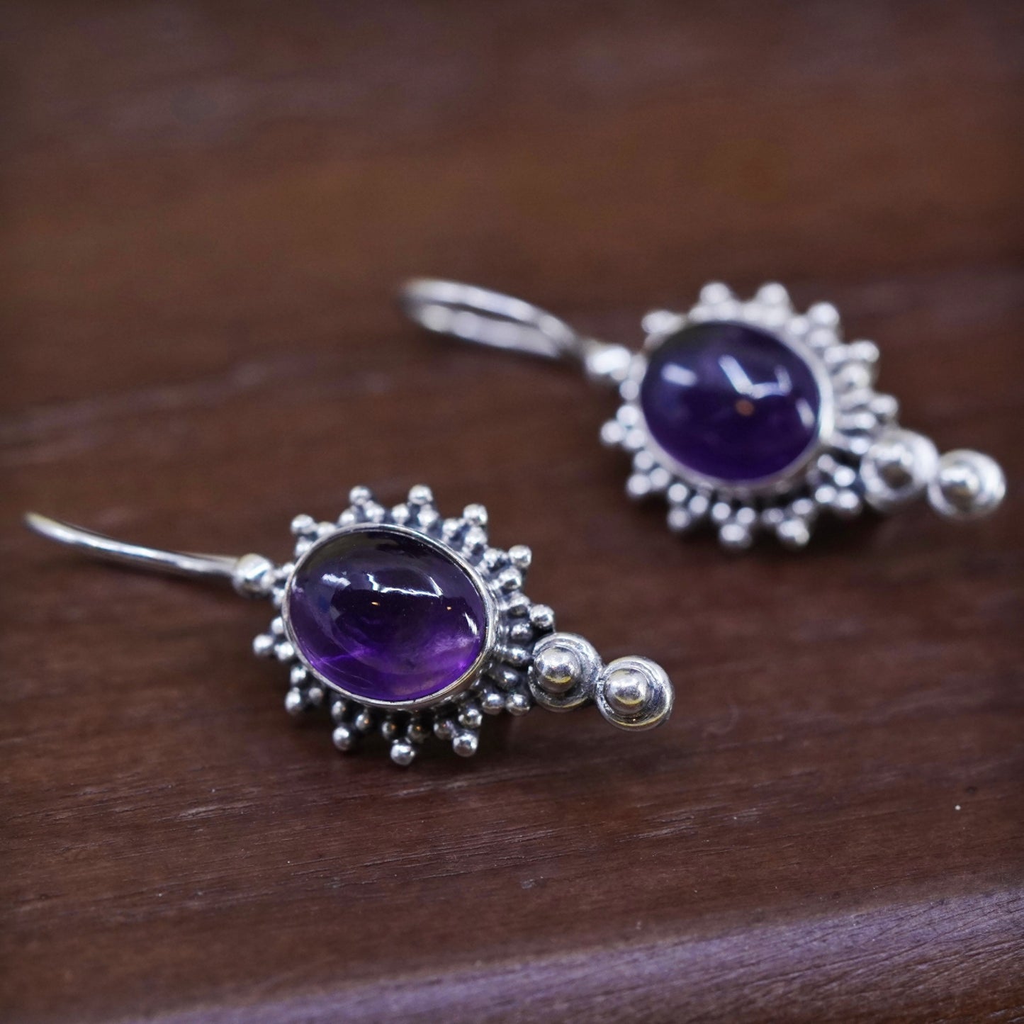 Vintage Sterling silver handmade earrings, 925 dangles with oval amethyst