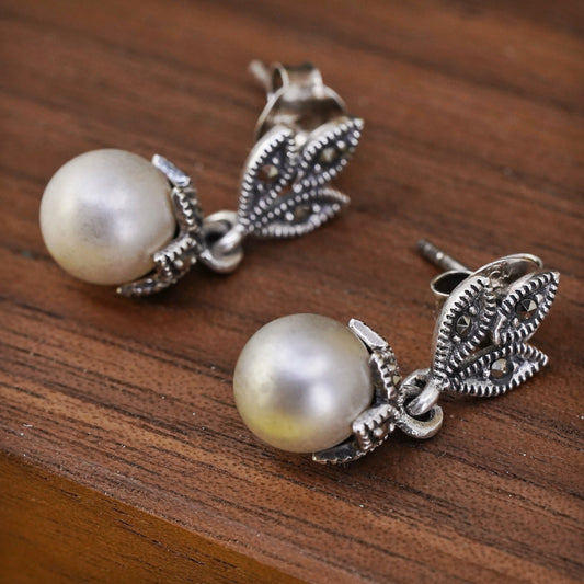 Vintage Sterling 925 silver handmade leafy earrings with pearl and marcasite