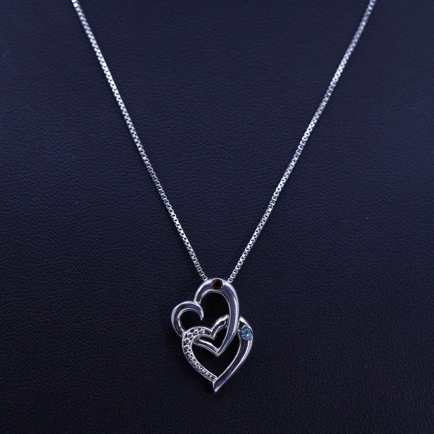 18", Sterling silver necklace, 925 box chain double ruby topaz heart pendant