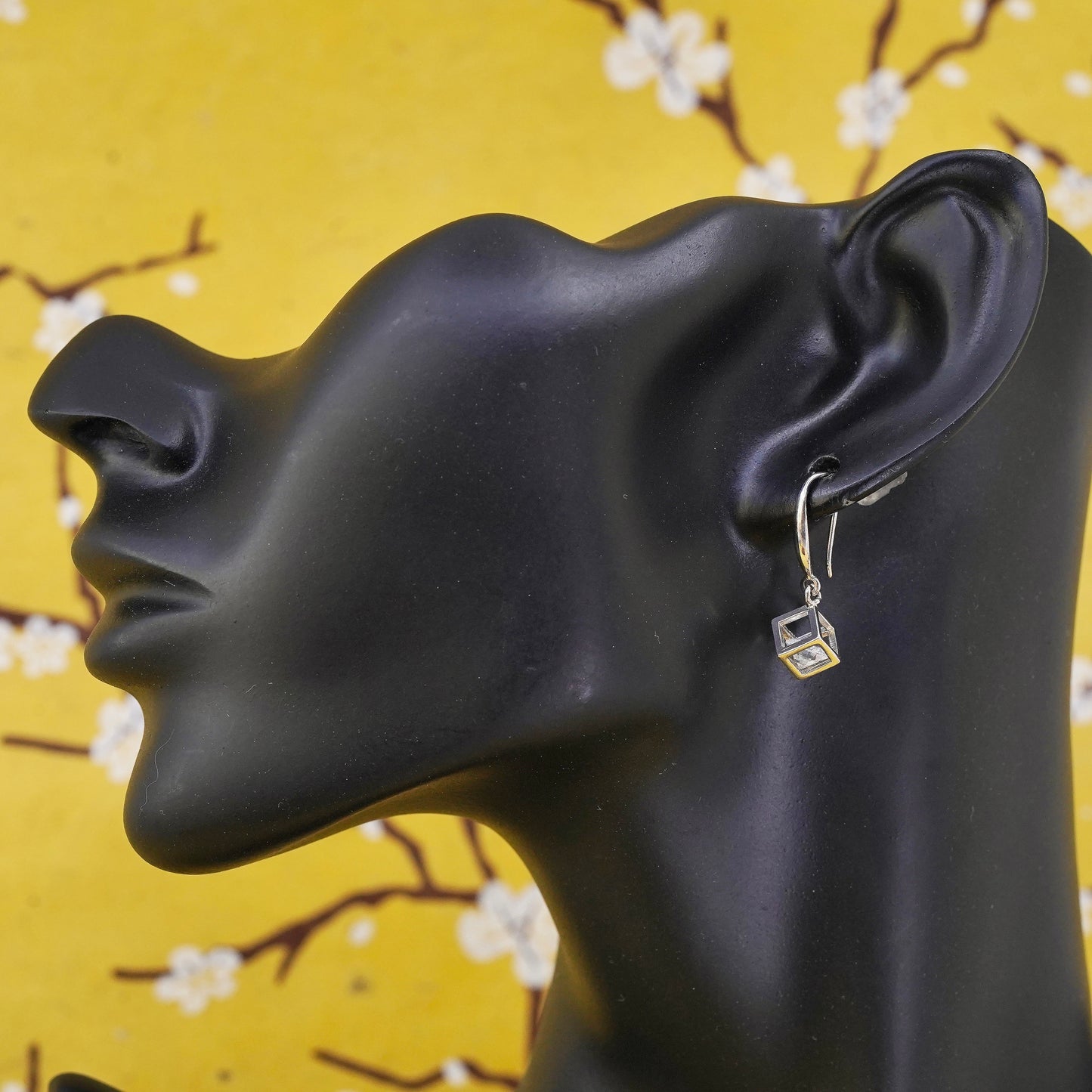 Vintage Sterling 925 silver handmade earrings with CZ cube cage dangles